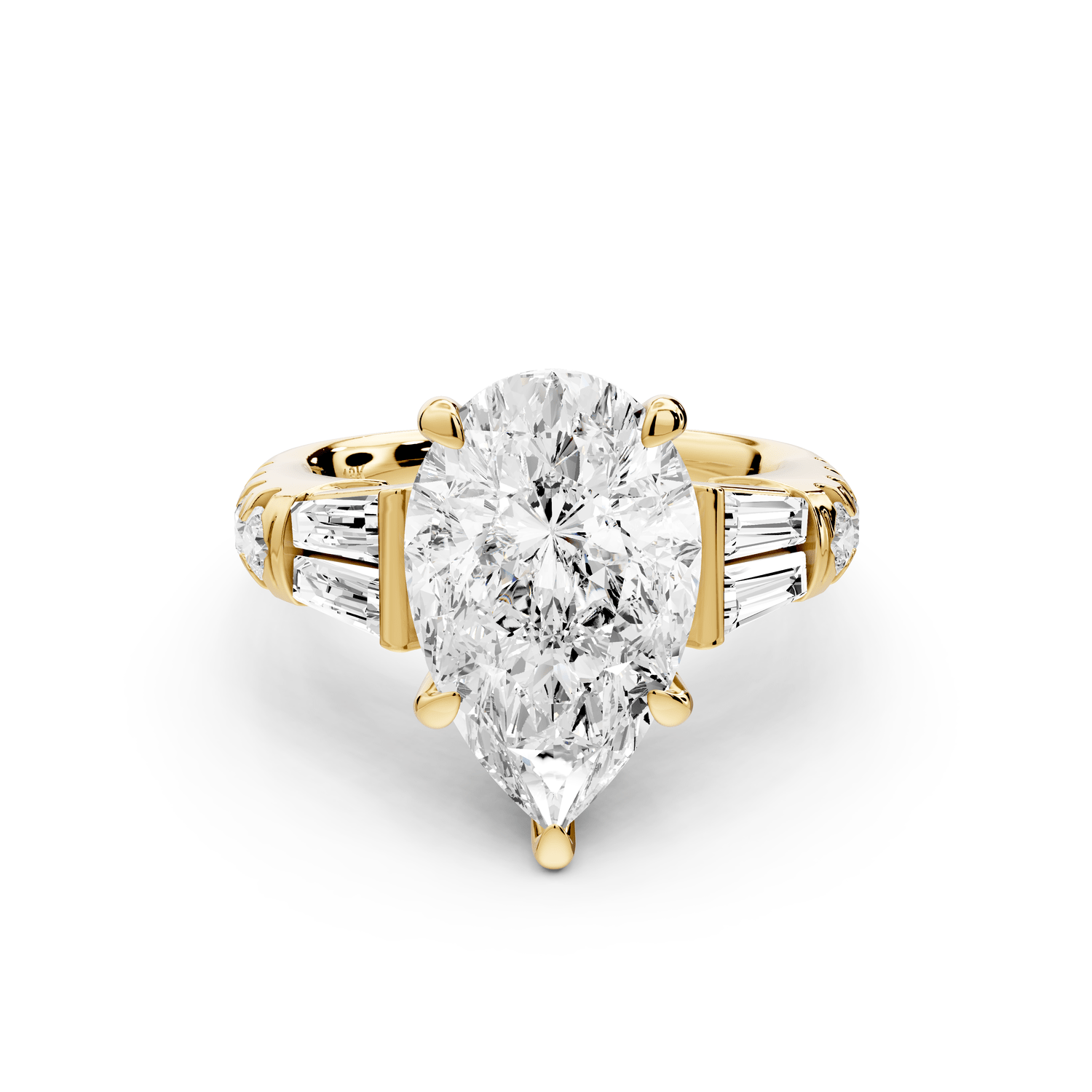 Aria - 4ct 14k yellow gold pear Diamond with tapered baguettes and round accent stones Engagement ring - Mr. Alex Jewelry