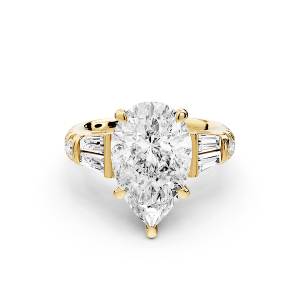 Aria - 4ct 14k yellow gold pear Diamond with tapered baguettes and round accent stones Engagement ring - Mr. Alex Jewelry