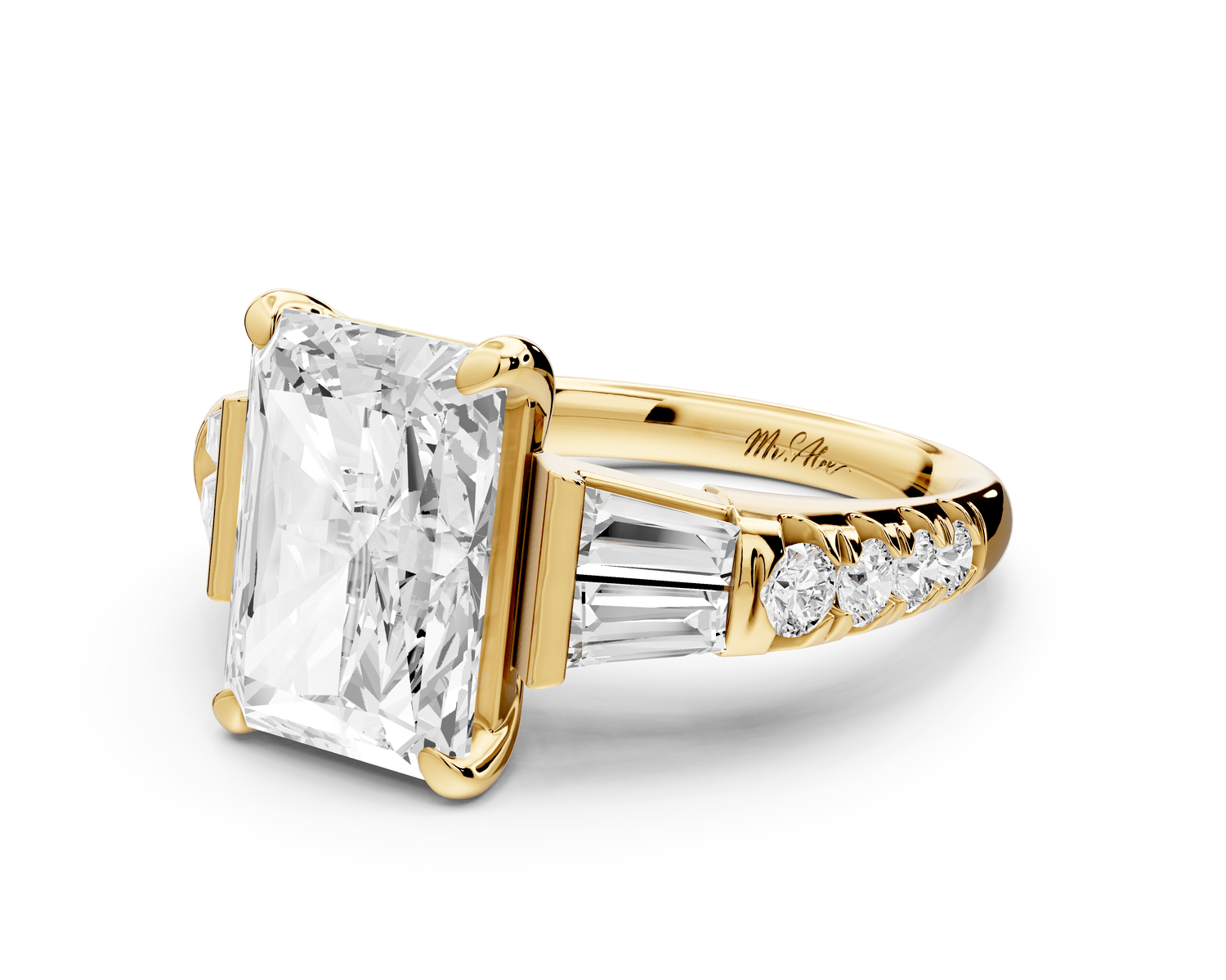 Aria - 4ct 14k yellow gold radiant Diamond with tapered baguettes and round accent stones engagement ring - Mr. Alex Jewelry