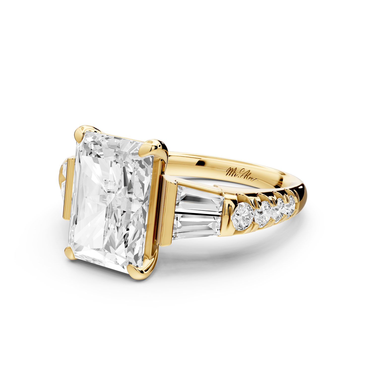Aria - 4ct 14k yellow gold radiant Diamond with tapered baguettes and round accent stones engagement ring - Mr. Alex Jewelry
