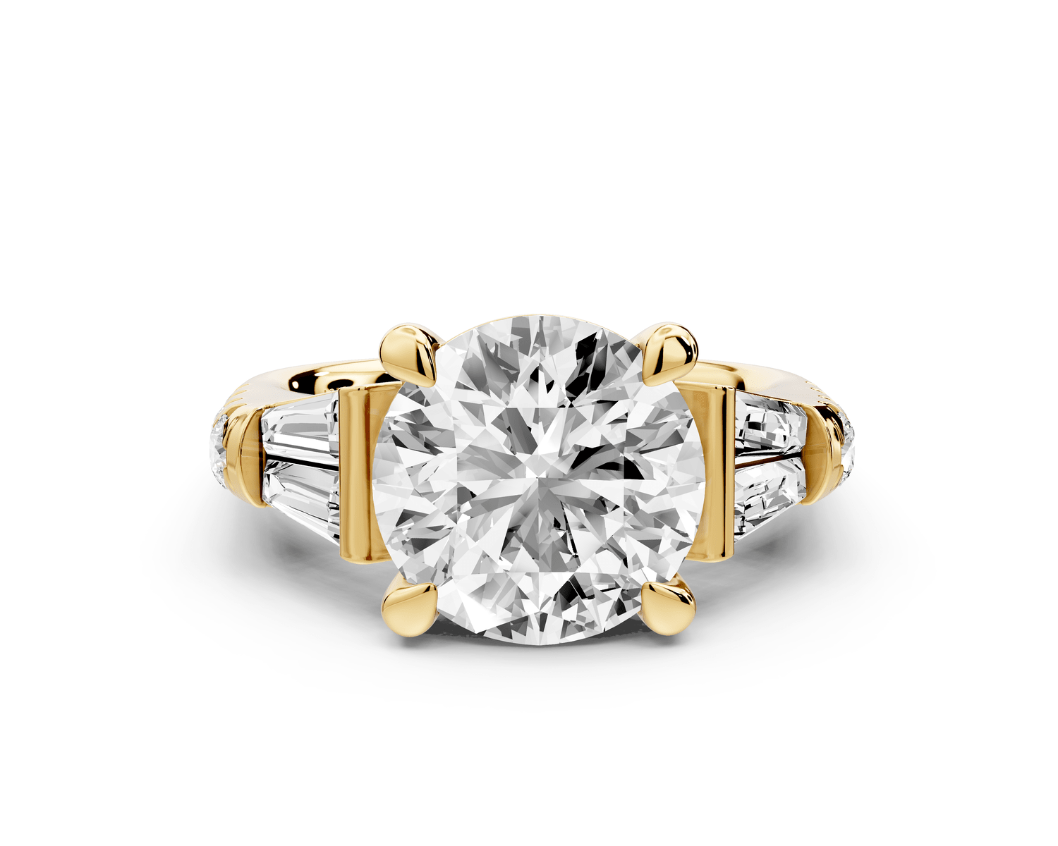 Aria - 4ct 14k yellow gold round Diamond with tapered baguettes and round accent stones engagment ring - Mr. Alex Jewelry