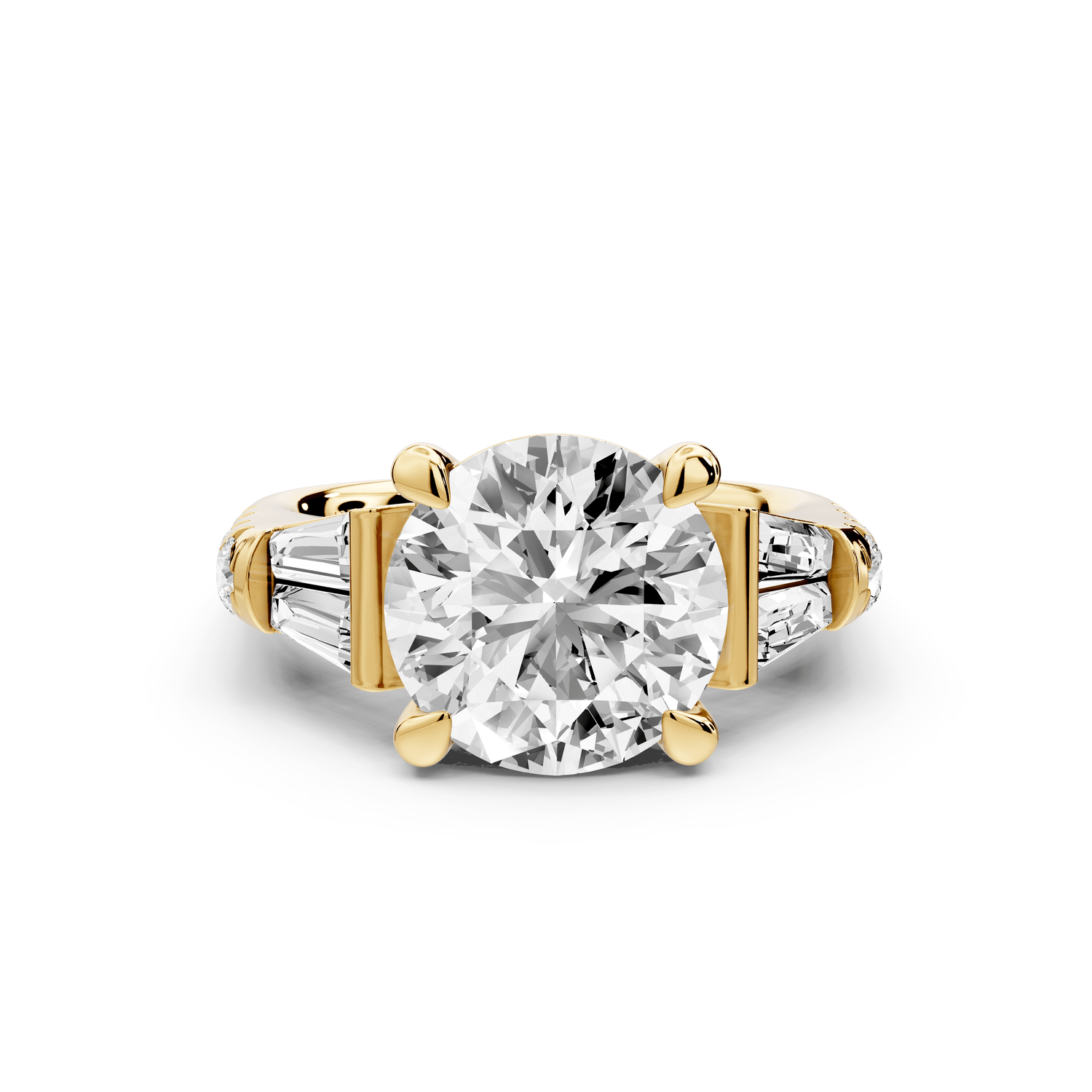 Aria - 4ct 14k yellow gold round Diamond with tapered baguettes and round accent stones engagment ring - Mr. Alex Jewelry