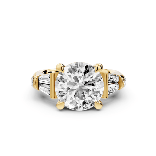 Aria - 4ct 14k yellow gold round Diamond with tapered baguettes and round accent stones engagment ring - Mr. Alex Jewelry