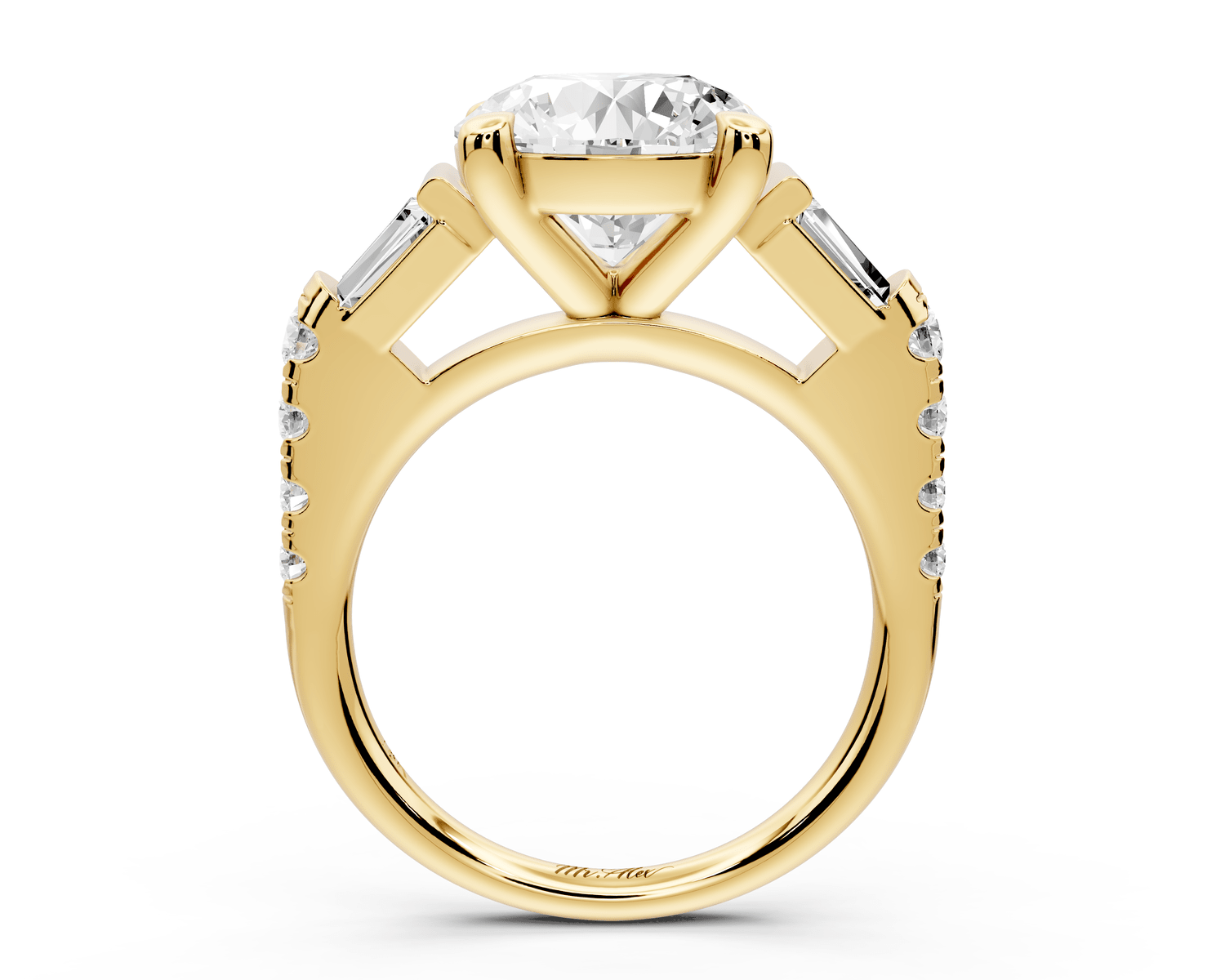 Aria - 4ct 14k yellow gold round Diamond with tapered baguettes and round accent stones engagment ring - Mr. Alex Jewelry
