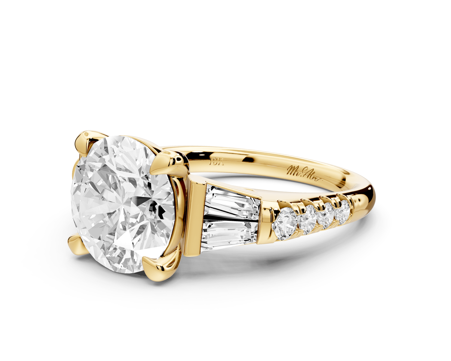 Aria - 4ct 14k yellow gold round Diamond with tapered baguettes and round accent stones engagment ring - Mr. Alex Jewelry