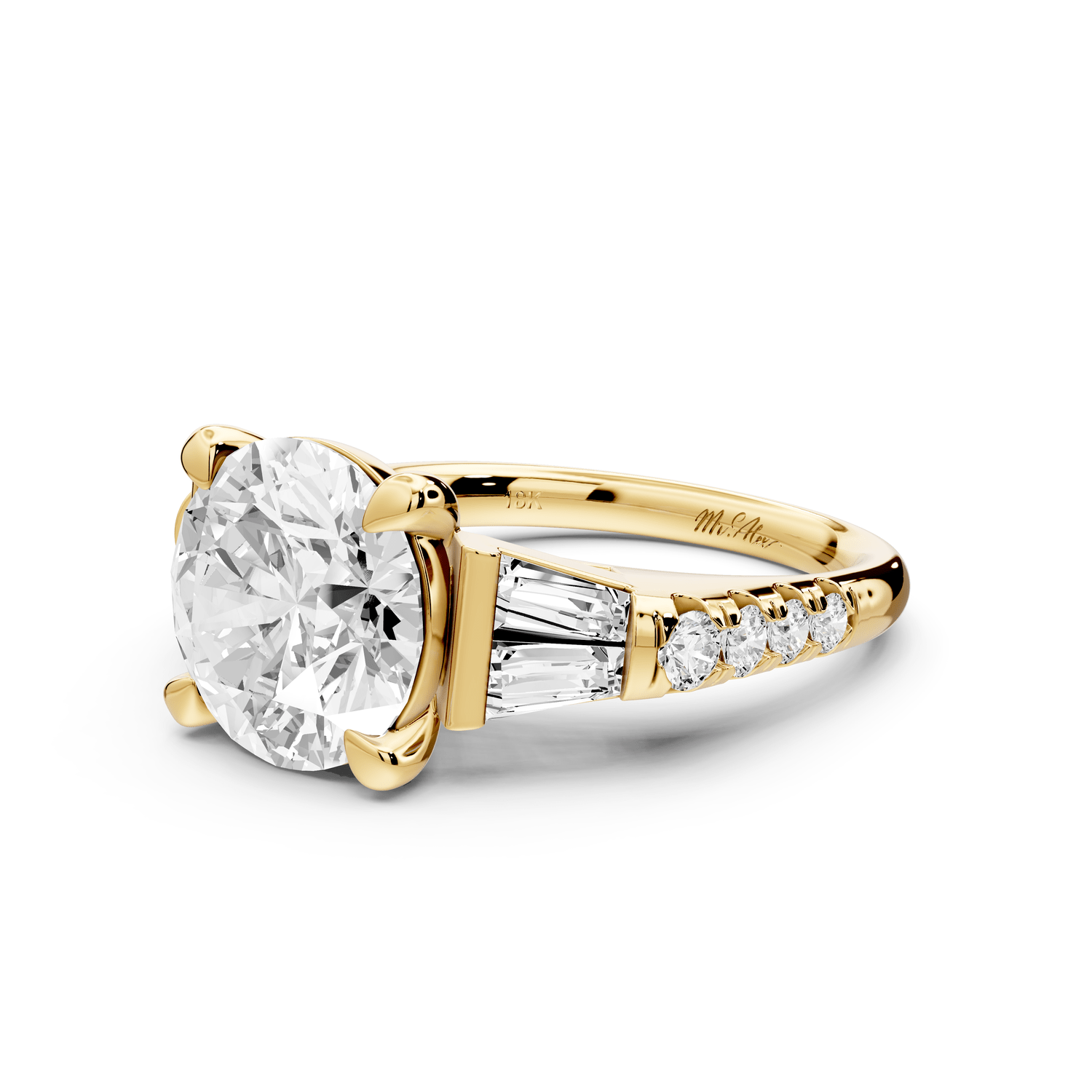Aria - 4ct 14k yellow gold round Diamond with tapered baguettes and round accent stones engagment ring - Mr. Alex Jewelry