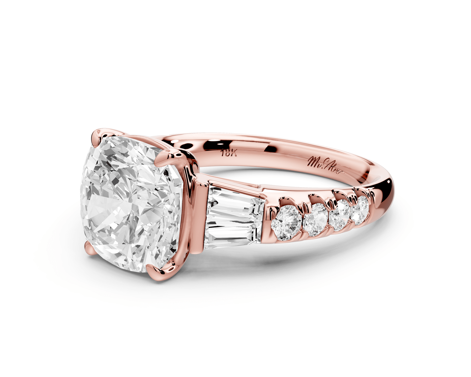 Aria - 4ct 18k rose gold cushion Diamond with tapered baguettes and round accent stones engagement ring - Mr. Alex Jewelry