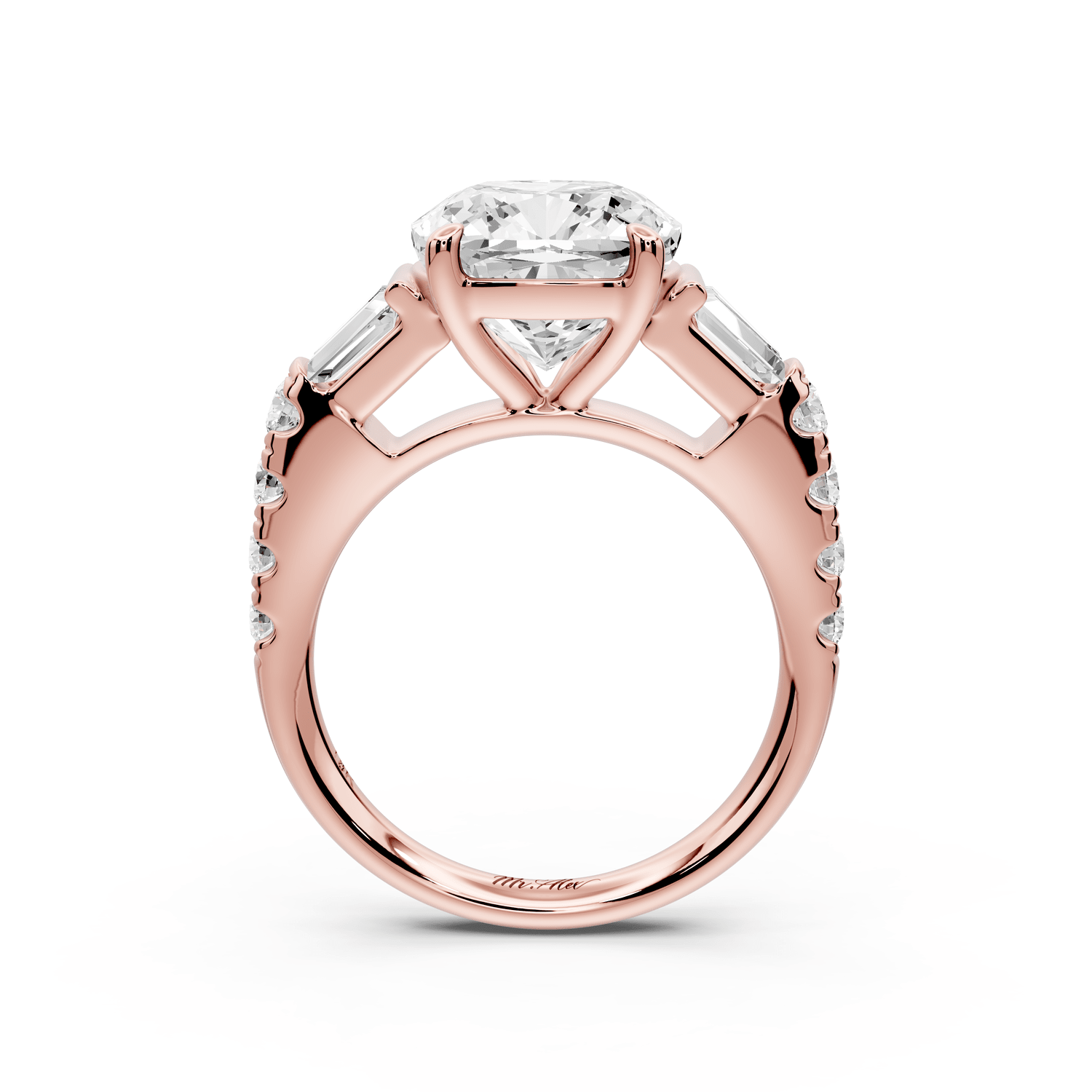 Aria - 4ct 18k rose gold cushion Diamond with tapered baguettes and round accent stones engagement ring - Mr. Alex Jewelry