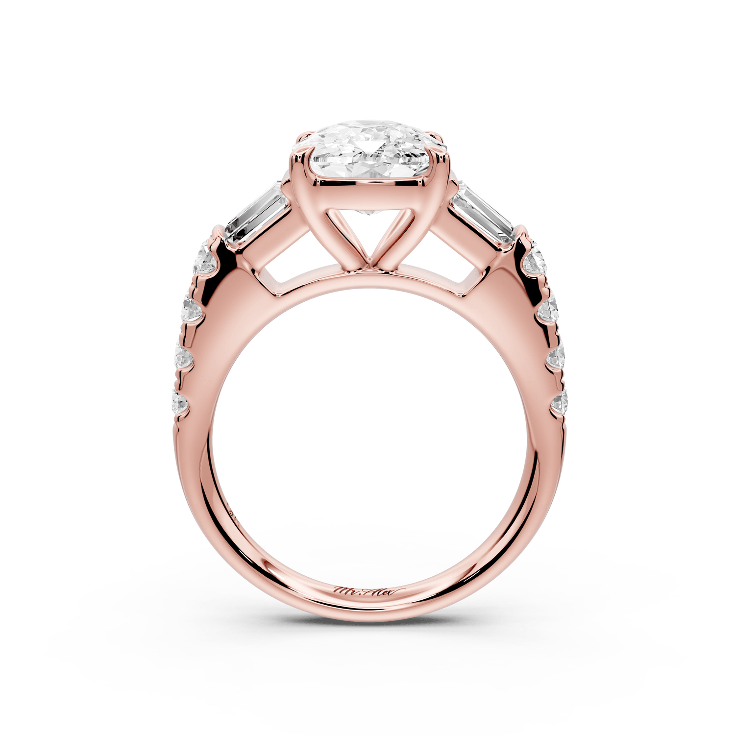 Aria - 4ct 18k rose gold Elongated Cushion Diamond with tapered baguettes and round accent stones engagement ring - Mr. Alex Jewelry