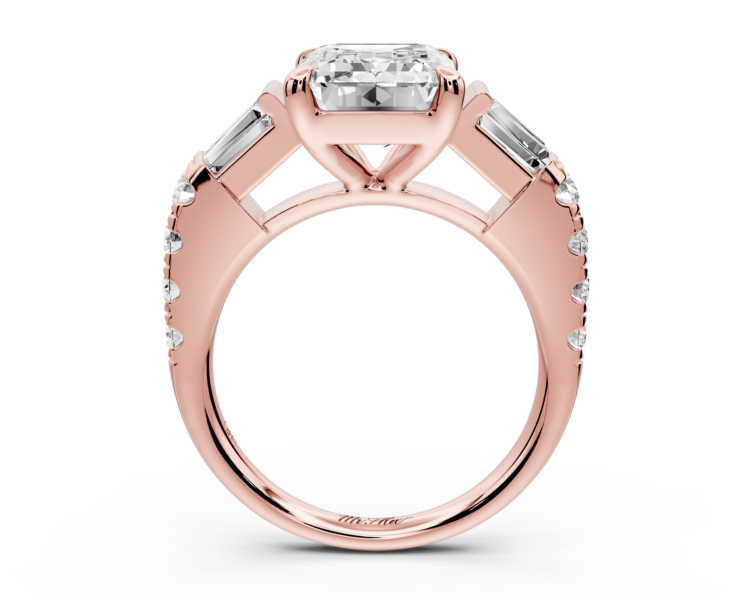 Aria - 4ct 18k rose gold emerald Diamond with tapered baguettes and round accent stones Engagement ring - Mr. Alex Jewelry