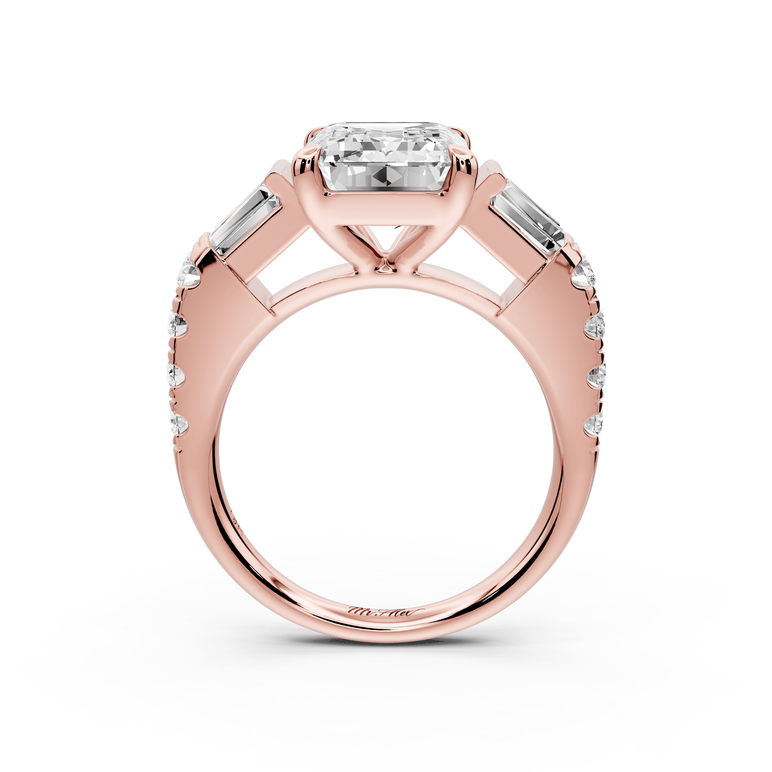 Aria - 4ct 18k rose gold emerald Diamond with tapered baguettes and round accent stones Engagement ring - Mr. Alex Jewelry