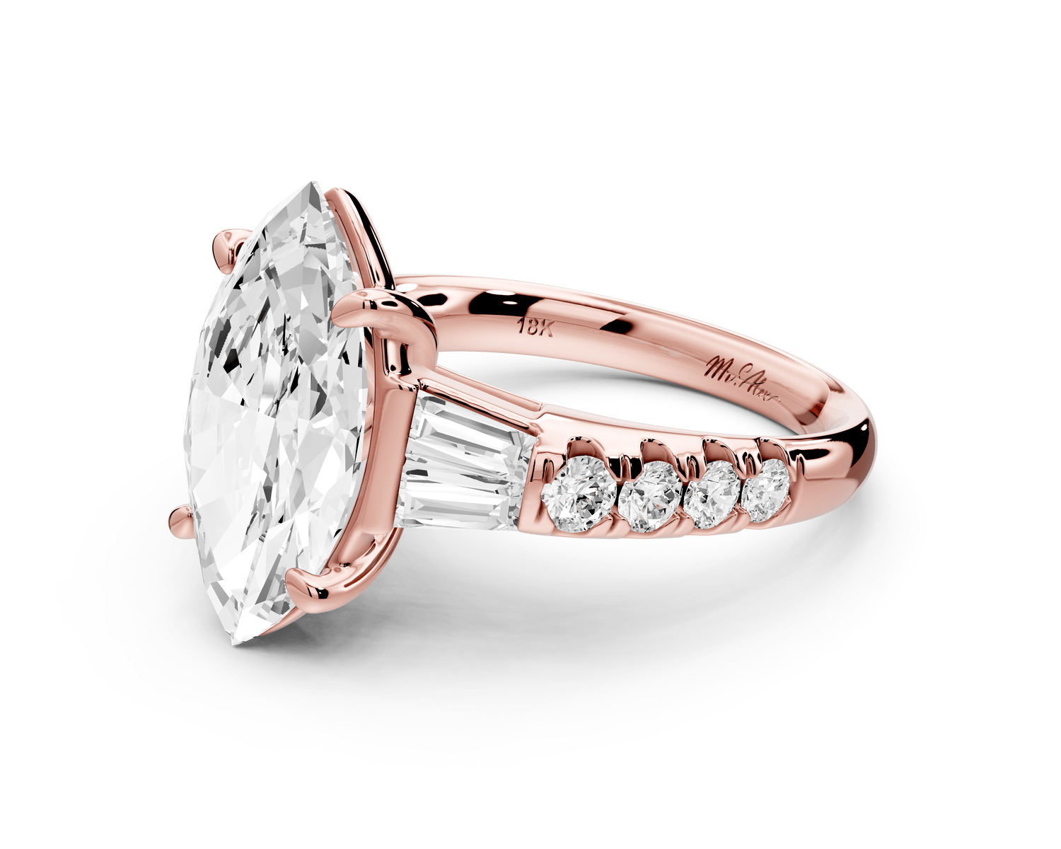 Aria - 4ct 18k rose gold marquise Diamond with tapered baguettes and round accent stones engagement ring - Mr. Alex Jewelry