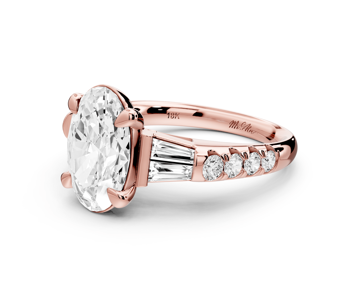 Aria - 4ct 18k rose gold oval Diamond with tapered baguettes and round accent stones Engagement ring - Mr. Alex Jewelry