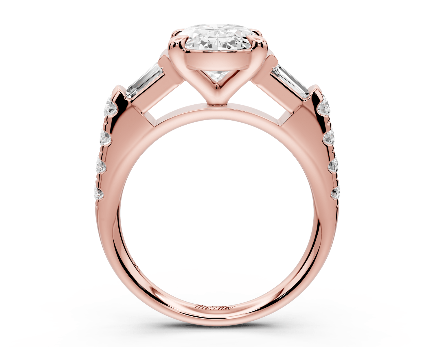 Aria - 4ct 18k rose gold oval Diamond with tapered baguettes and round accent stones Engagement ring - Mr. Alex Jewelry