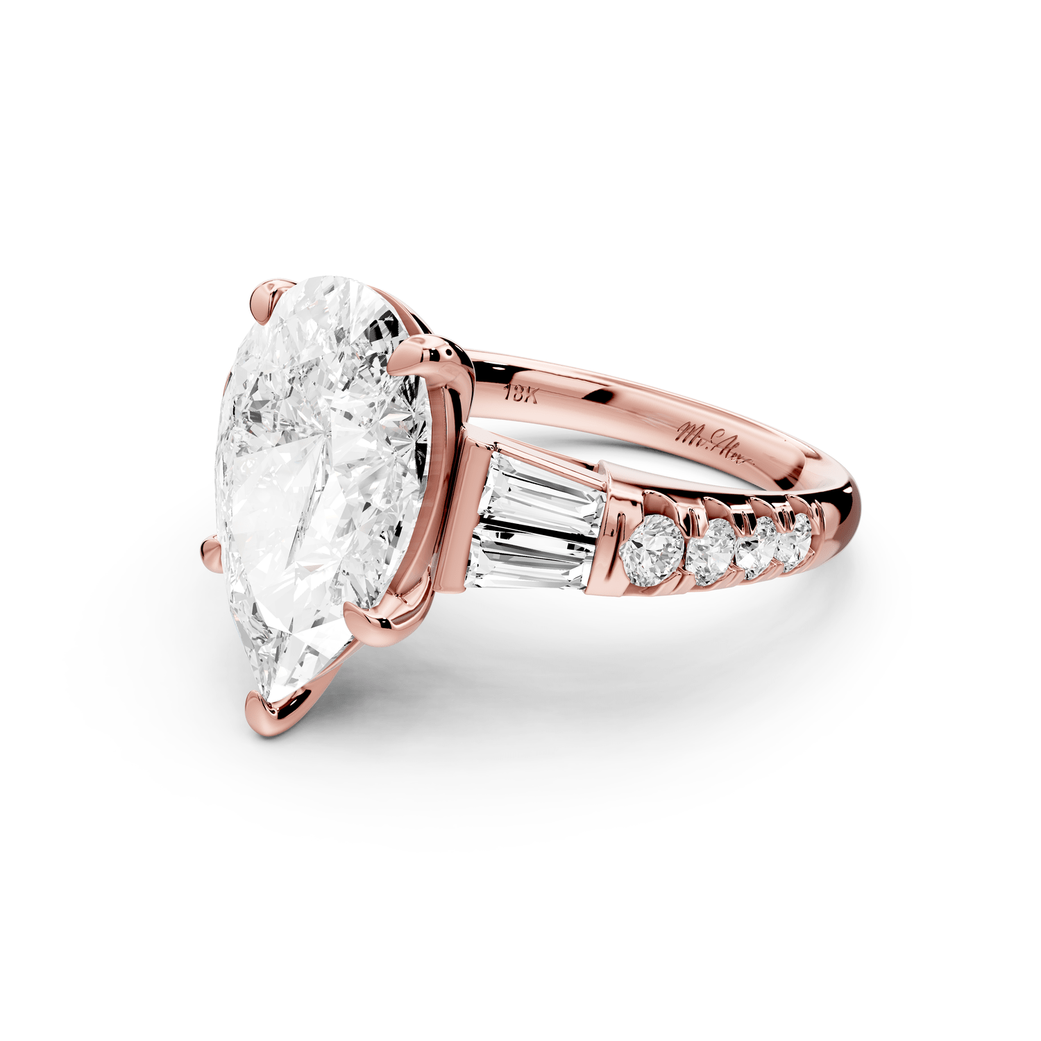 Aria - 4ct 18k rose gold pear Diamond with tapered baguettes and round accent stones Engagement ring - Mr. Alex Jewelry