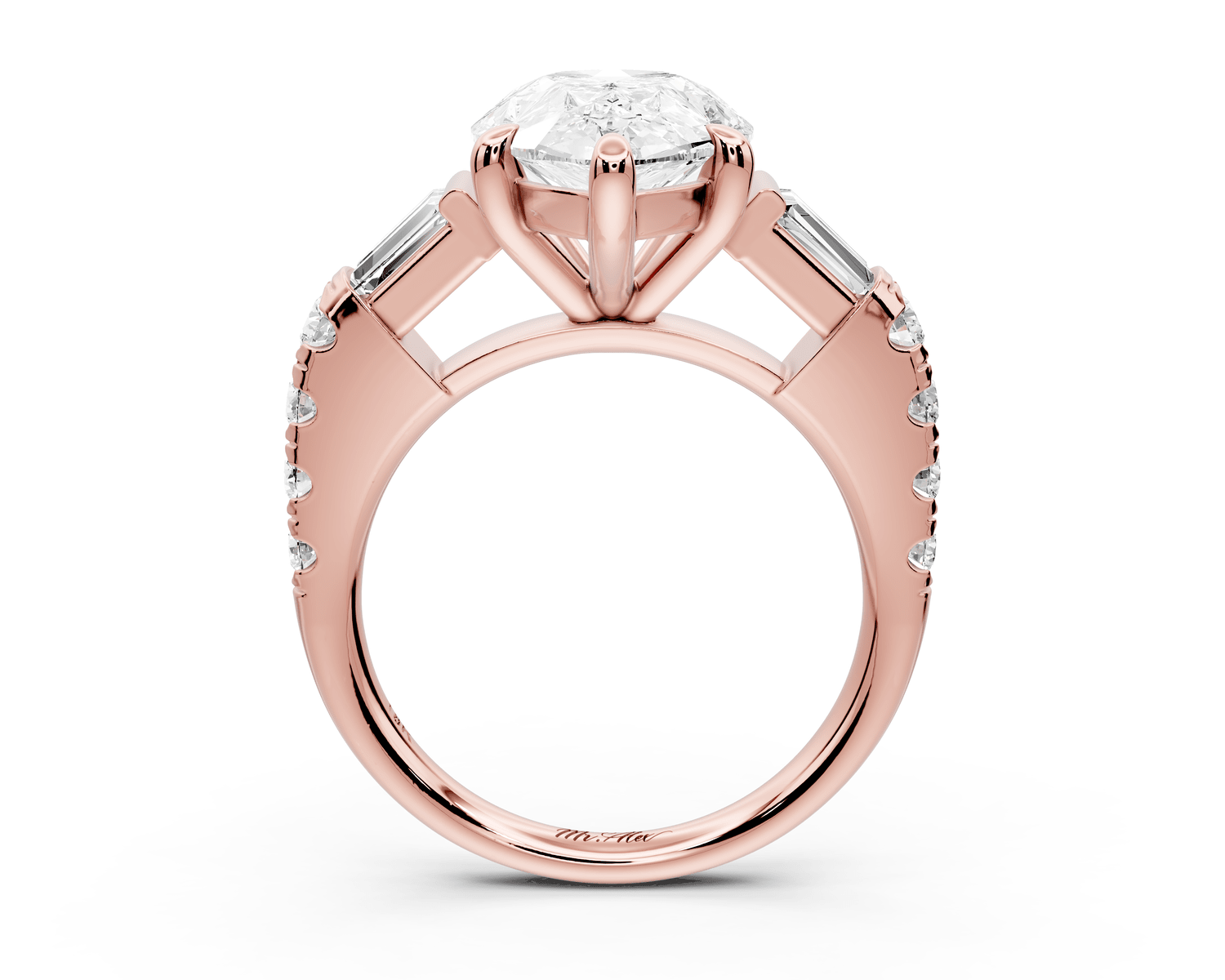 Aria - 4ct 18k rose gold pear Diamond with tapered baguettes and round accent stones Engagement ring - Mr. Alex Jewelry