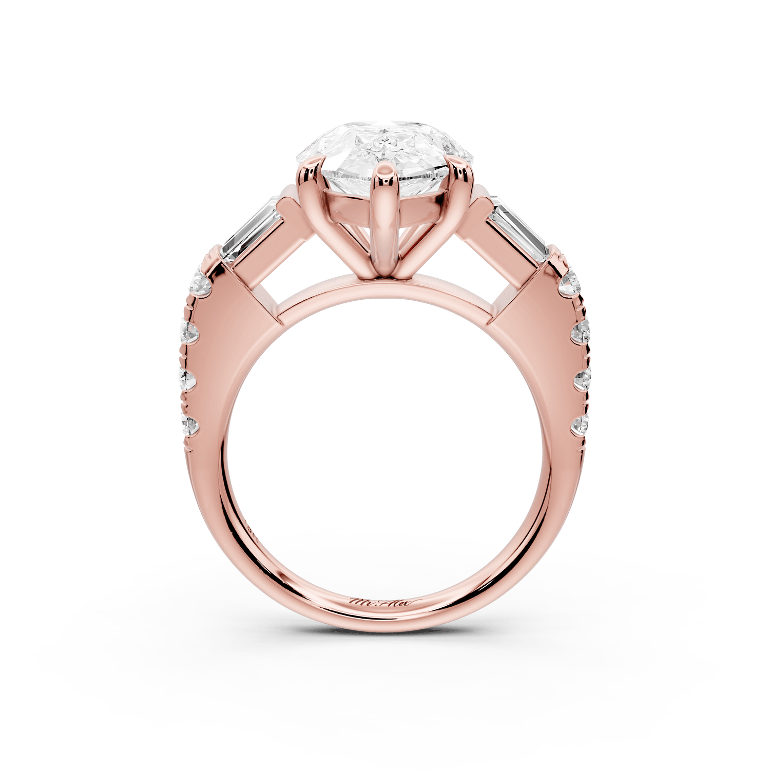 Aria - 4ct 18k rose gold pear Diamond with tapered baguettes and round accent stones Engagement ring - Mr. Alex Jewelry