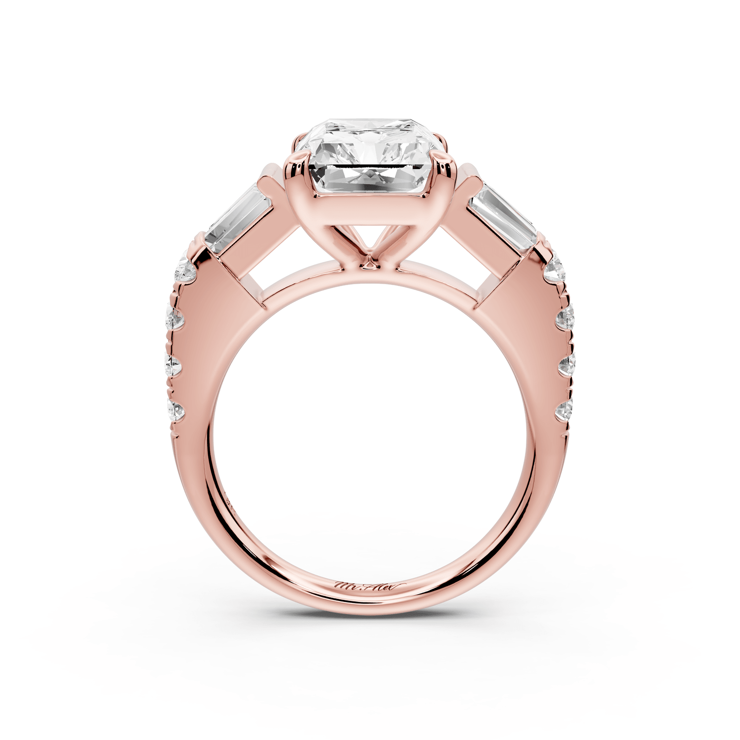 Aria - 4ct 18k rose gold radiant Diamond with tapered baguettes and round accent stones engagement ring - Mr. Alex Jewelry