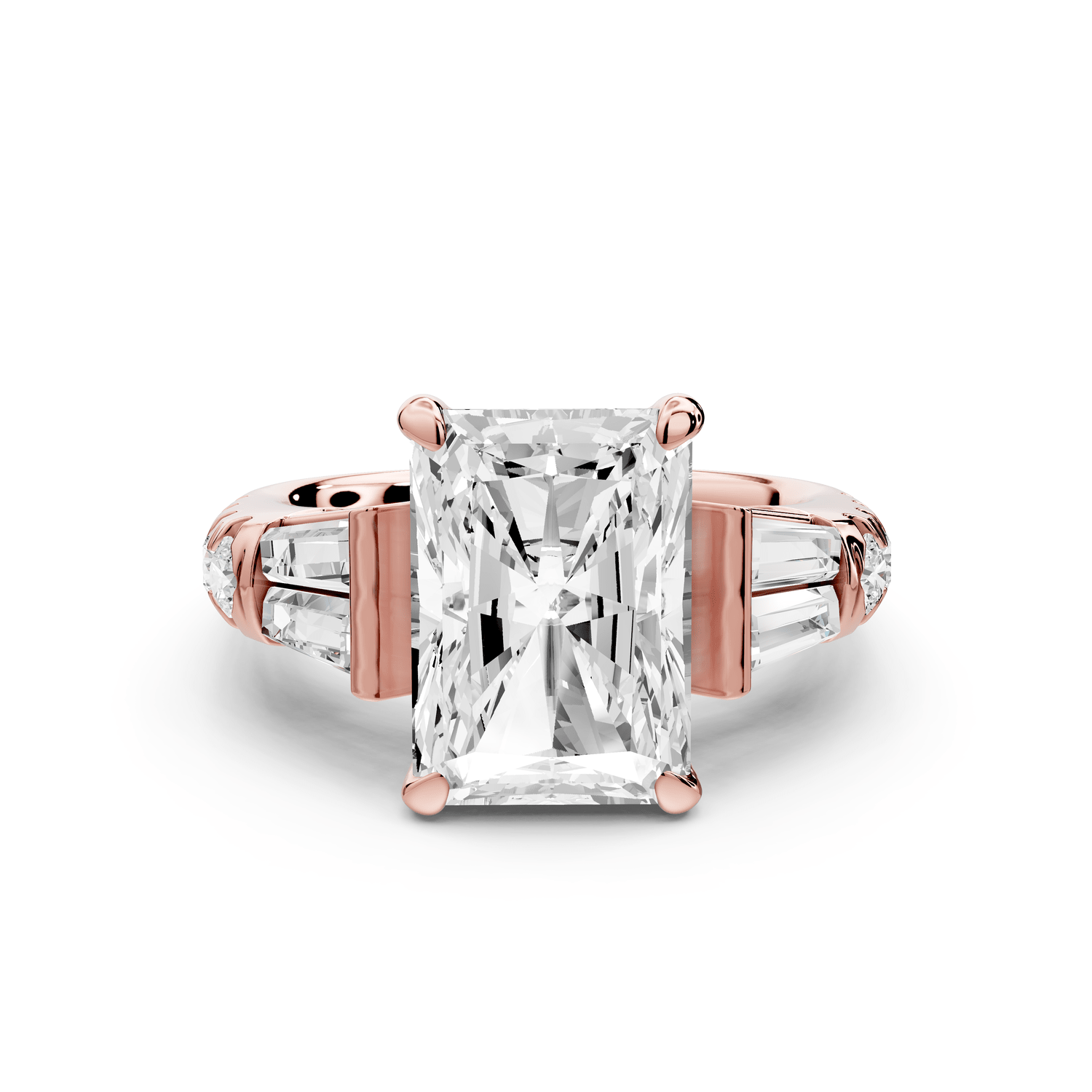Aria - 4ct 18k rose gold radiant Diamond with tapered baguettes and round accent stones engagement ring - Mr. Alex Jewelry