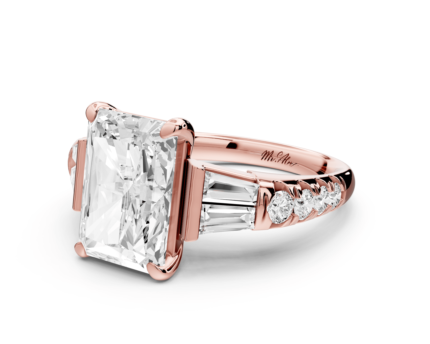 Aria - 4ct 18k rose gold radiant Diamond with tapered baguettes and round accent stones engagement ring - Mr. Alex Jewelry