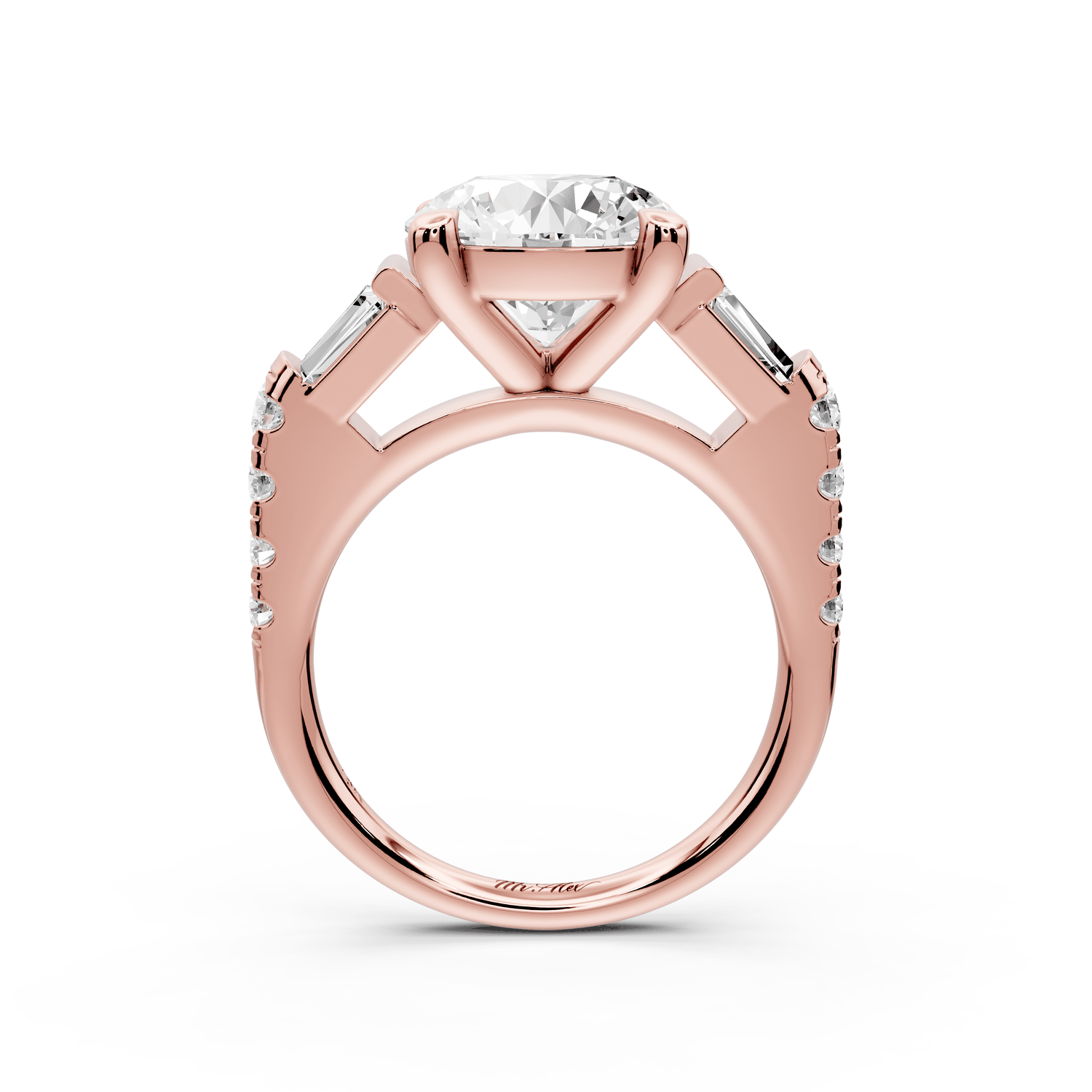Aria - 4ct 18k rose gold round Diamond with tapered baguettes and round accent stones engagment ring - Mr. Alex Jewelry