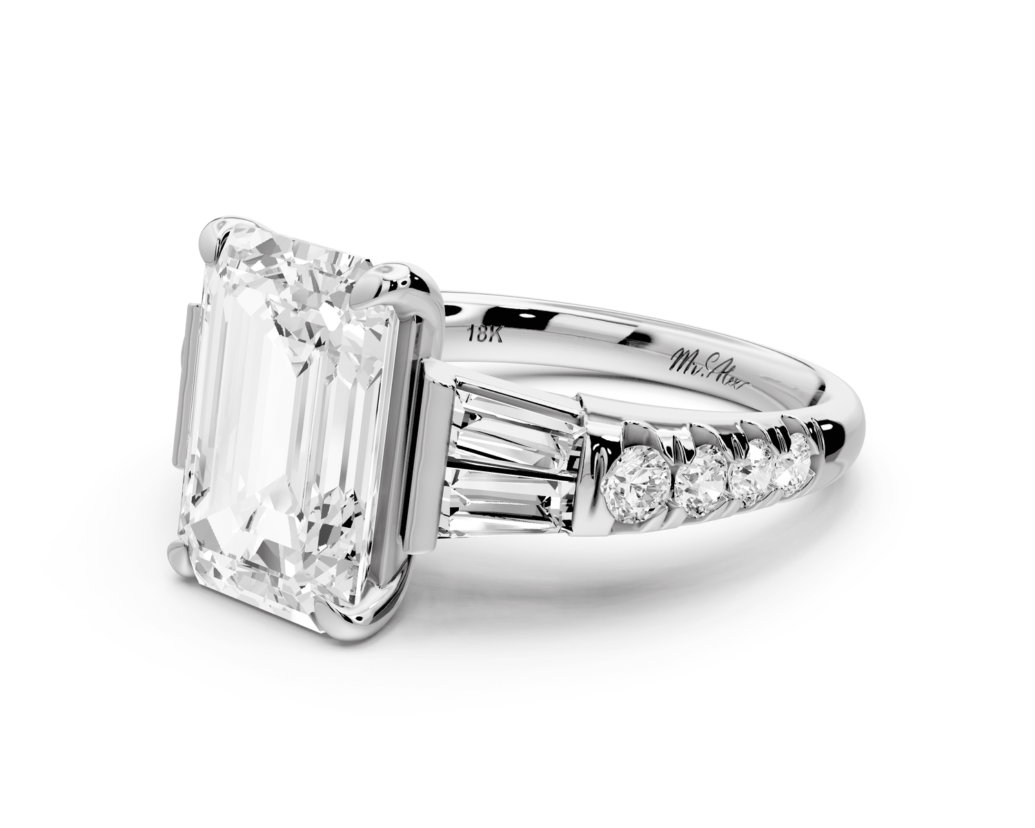 Aria - 4ct 18k white gold emerald Diamond with tapered baguettes and round accent stones Engagement ring - Mr. Alex Jewelry