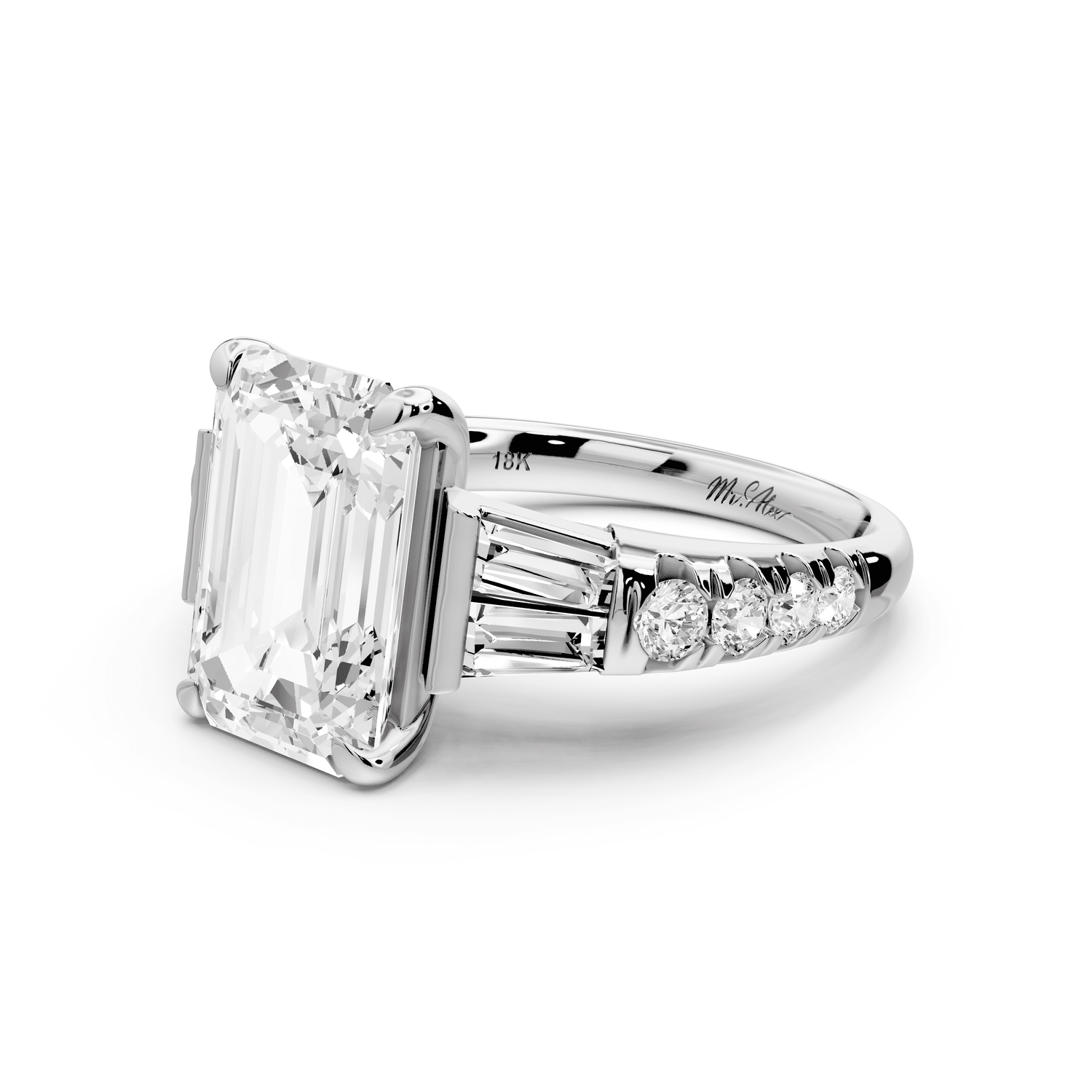 Aria - 4ct 18k white gold emerald Diamond with tapered baguettes and round accent stones Engagement ring - Mr. Alex Jewelry