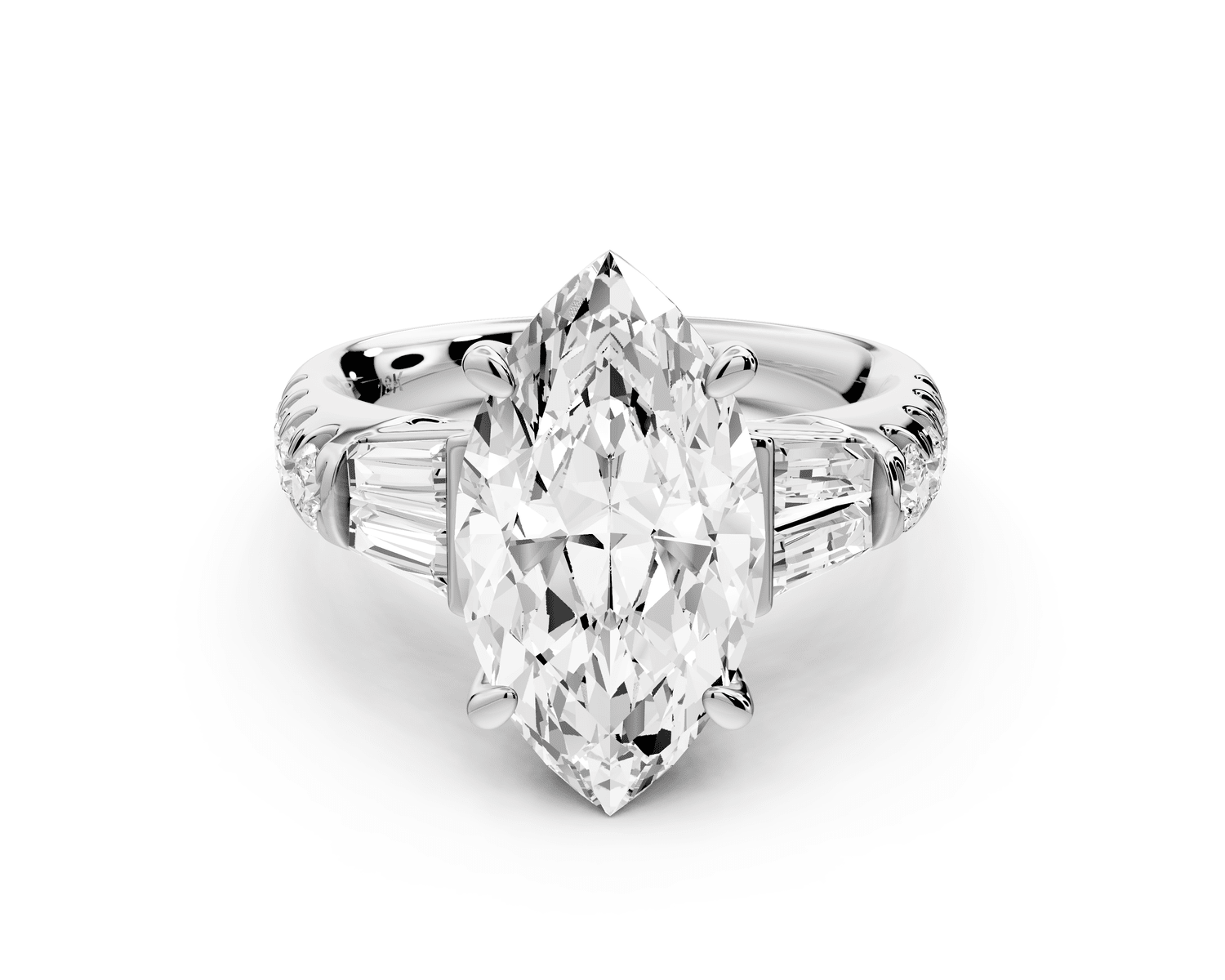 Aria - 4ct 18k white gold marquise Diamond with tapered baguettes and round accent stones engagement ring - Mr. Alex Jewelry
