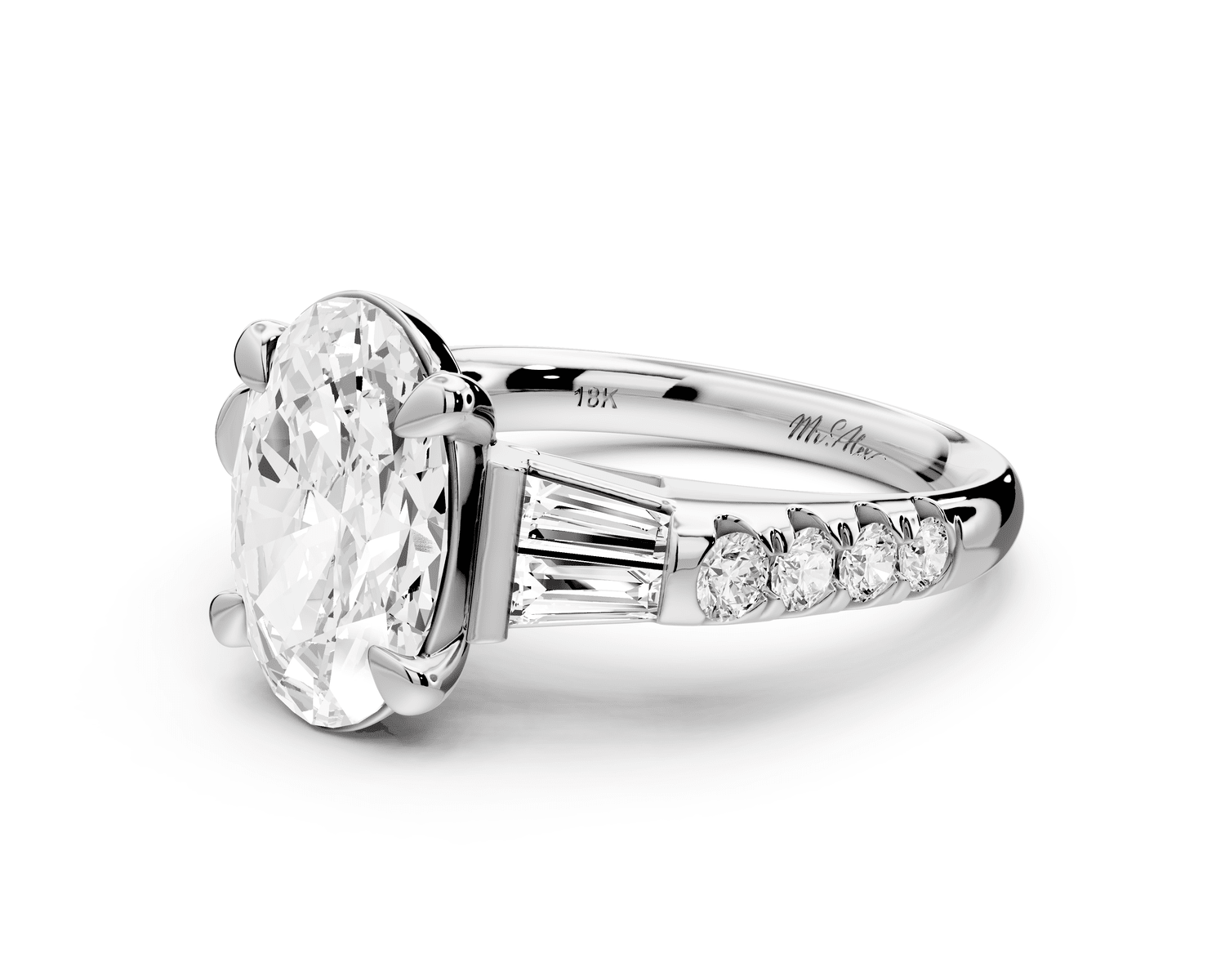 Aria - 4ct 18k white gold oval Diamond with tapered baguettes and round accent stones Engagement ring - Mr. Alex Jewelry