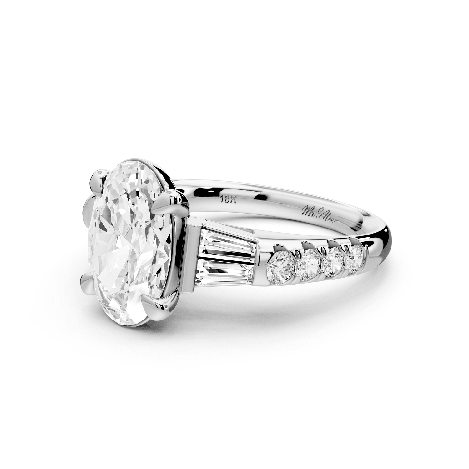 Aria - 4ct 18k white gold oval Diamond with tapered baguettes and round accent stones Engagement ring - Mr. Alex Jewelry