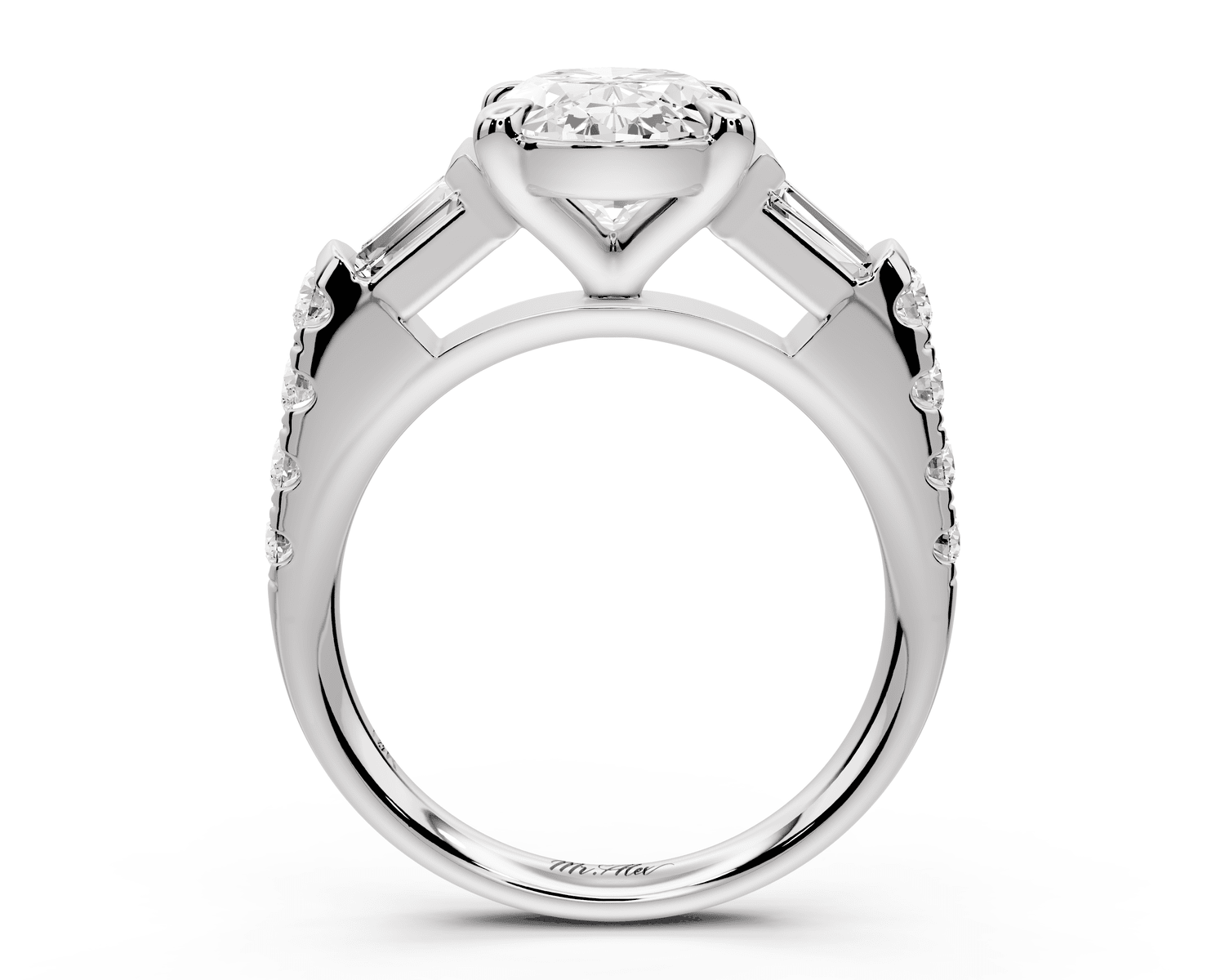 Aria - 4ct 18k white gold oval Diamond with tapered baguettes and round accent stones Engagement ring - Mr. Alex Jewelry