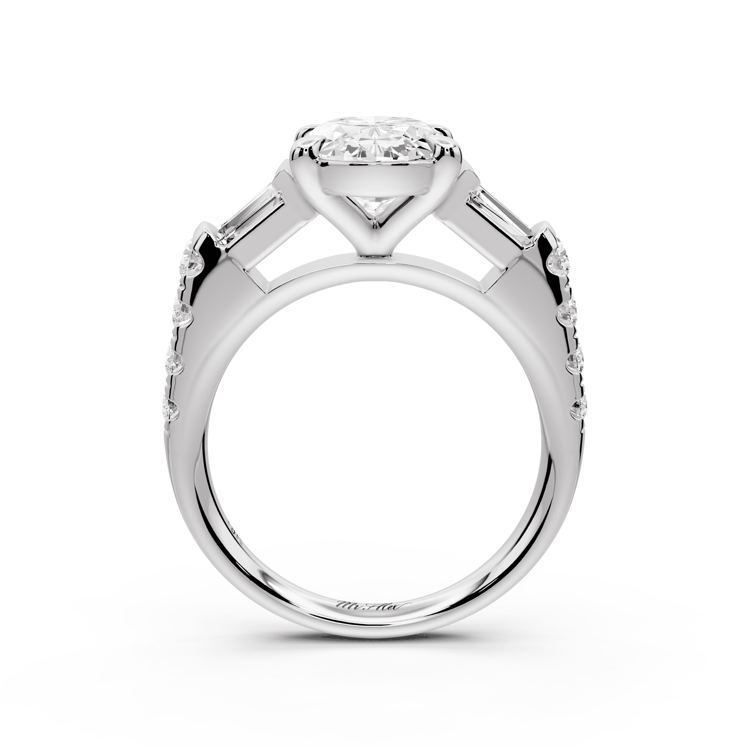 Aria - 4ct 18k white gold oval Diamond with tapered baguettes and round accent stones Engagement ring - Mr. Alex Jewelry
