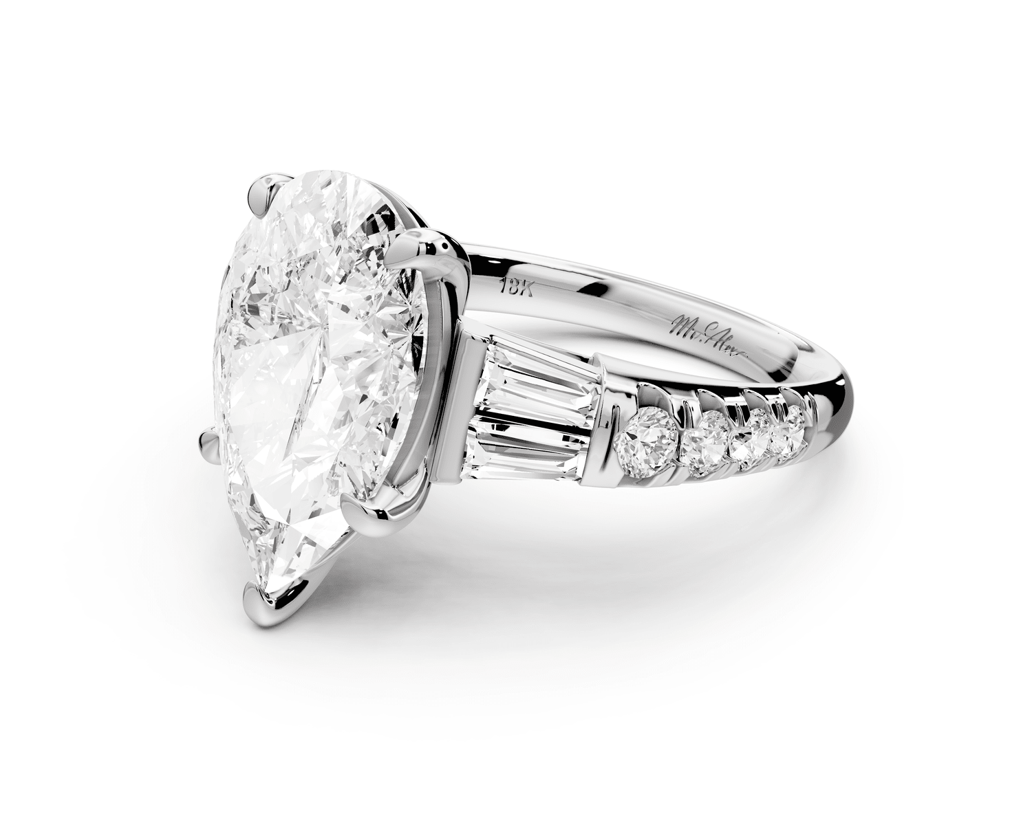 Aria - 4ct 18k white gold pear Diamond with tapered baguettes and round accent stones Engagement ring - Mr. Alex Jewelry