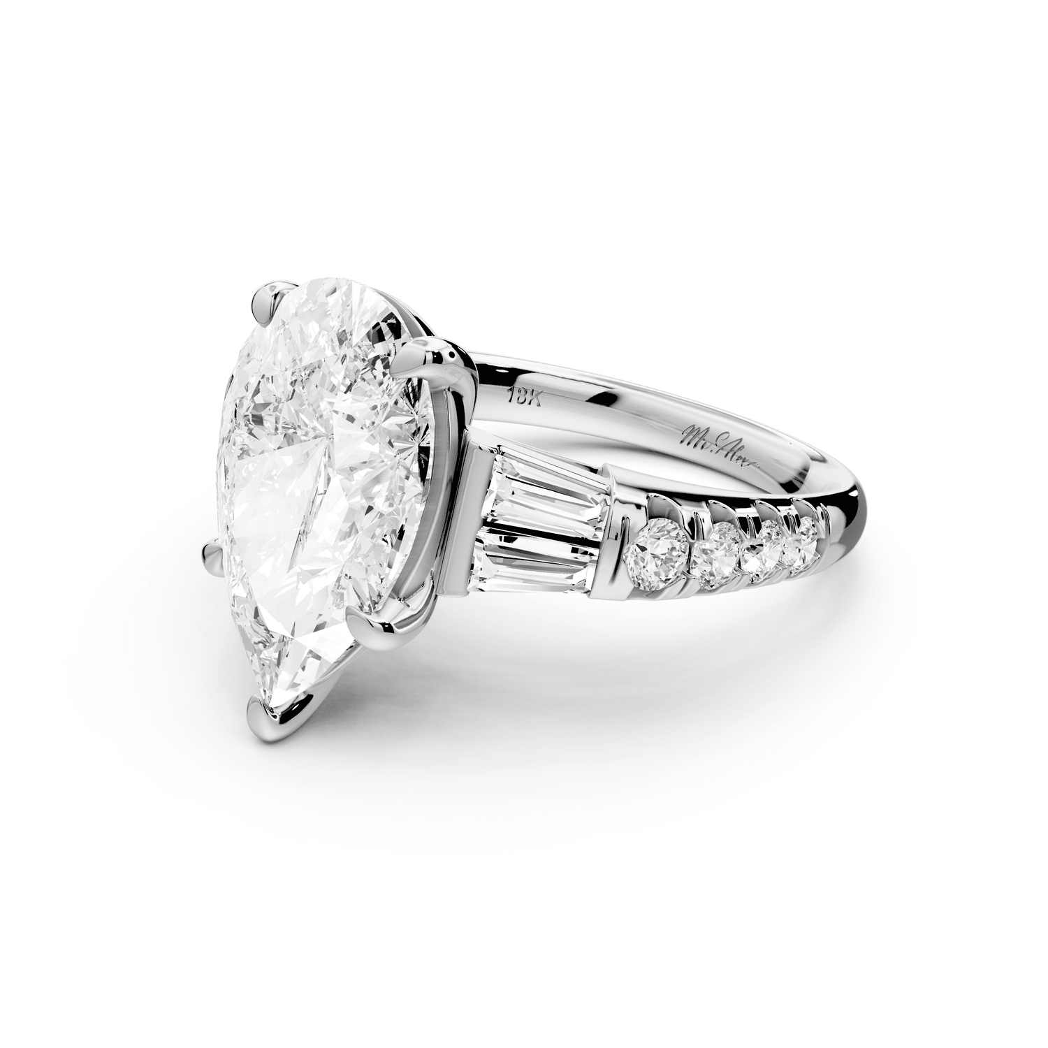 Aria - 4ct 18k white gold pear Diamond with tapered baguettes and round accent stones Engagement ring - Mr. Alex Jewelry