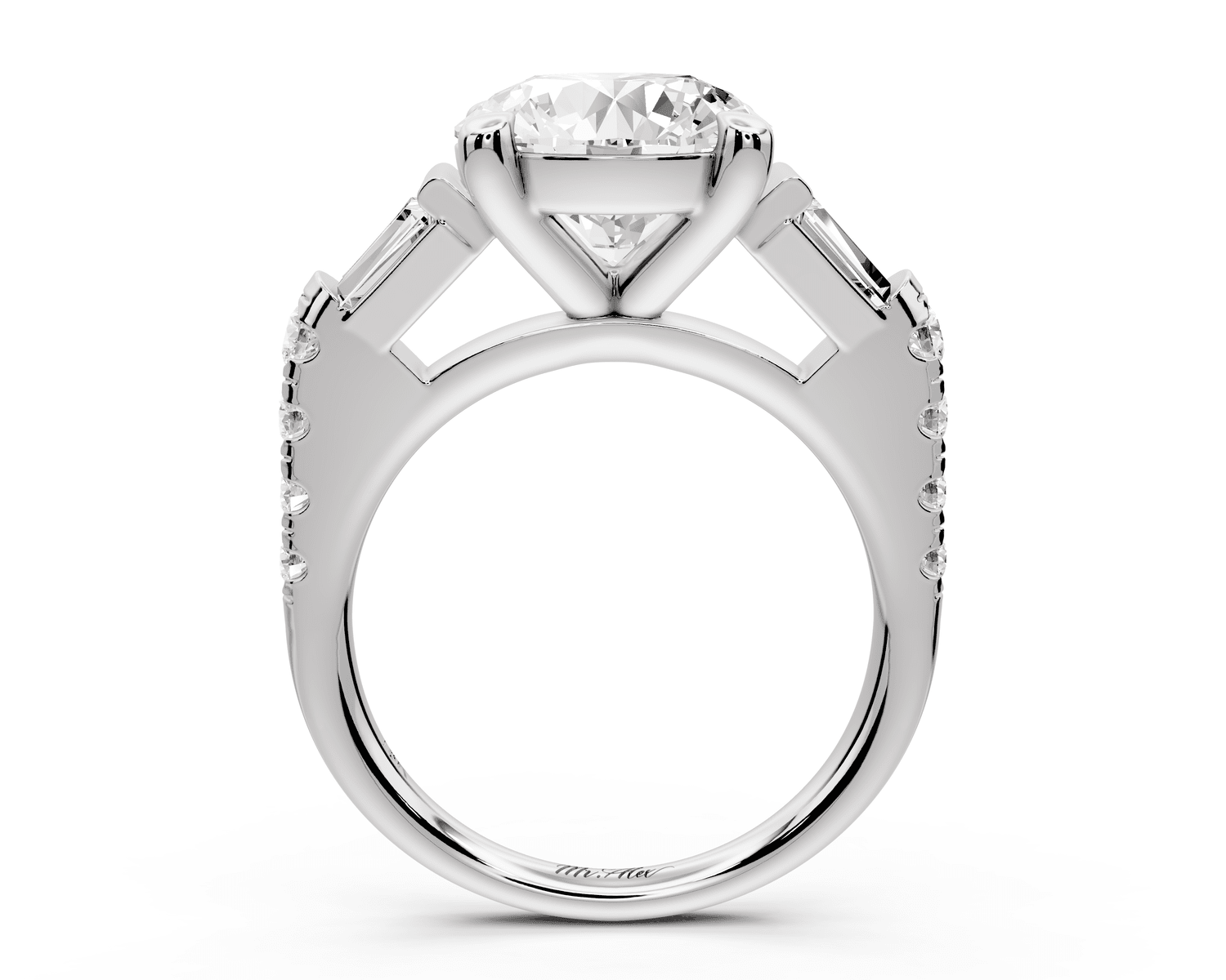 Aria - 4ct 18k white gold round Diamond with tapered baguettes and round accent stones engagment ring - Mr. Alex Jewelry