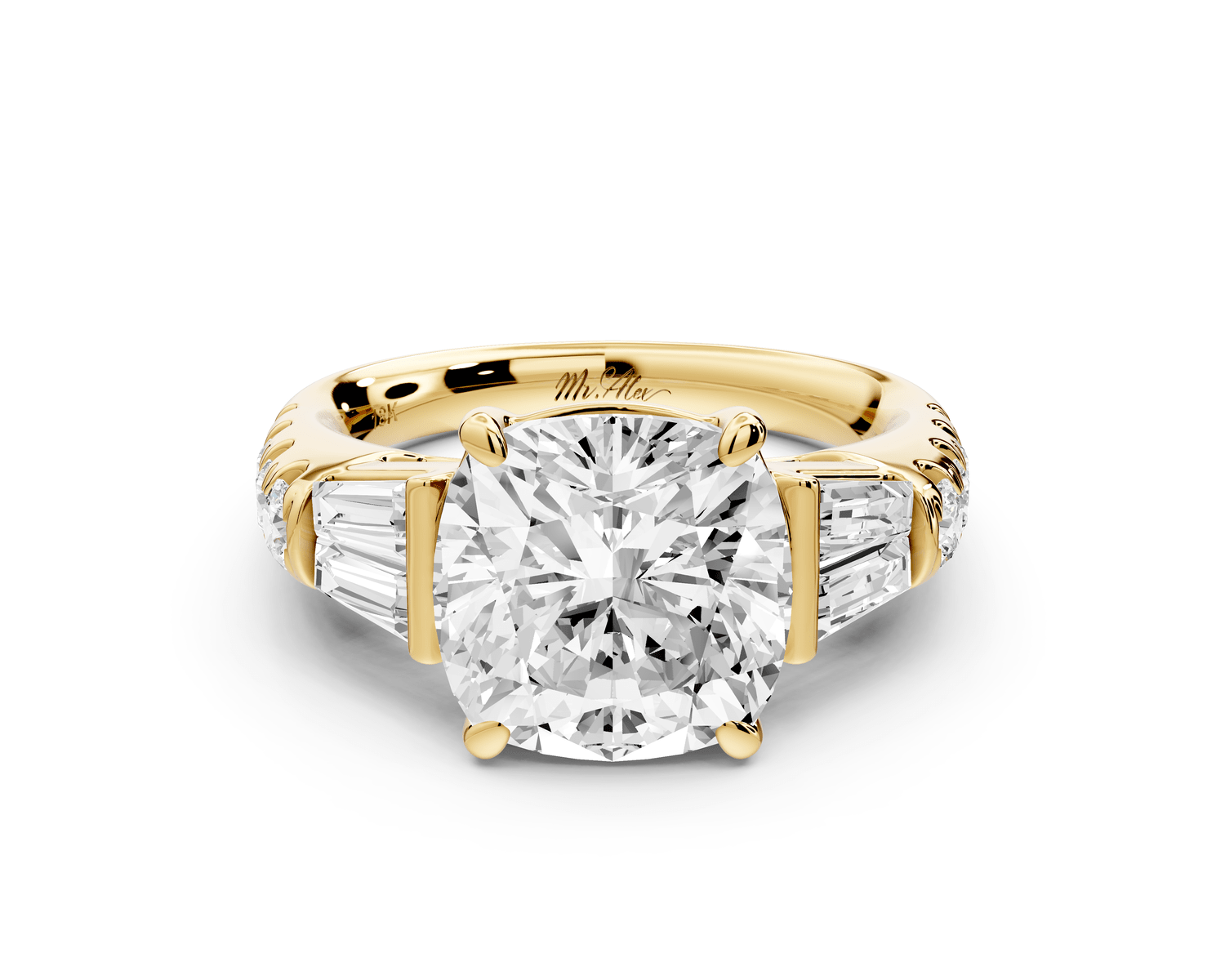 Aria - 4ct 18k yellow gold cushion Diamond with tapered baguettes and round accent stones engagement ring - Mr. Alex Jewelry