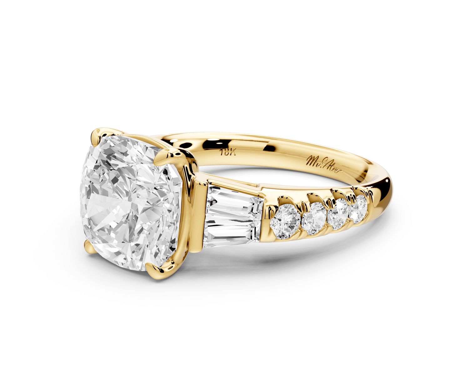 Aria - 4ct 18k yellow gold cushion Diamond with tapered baguettes and round accent stones engagement ring - Mr. Alex Jewelry