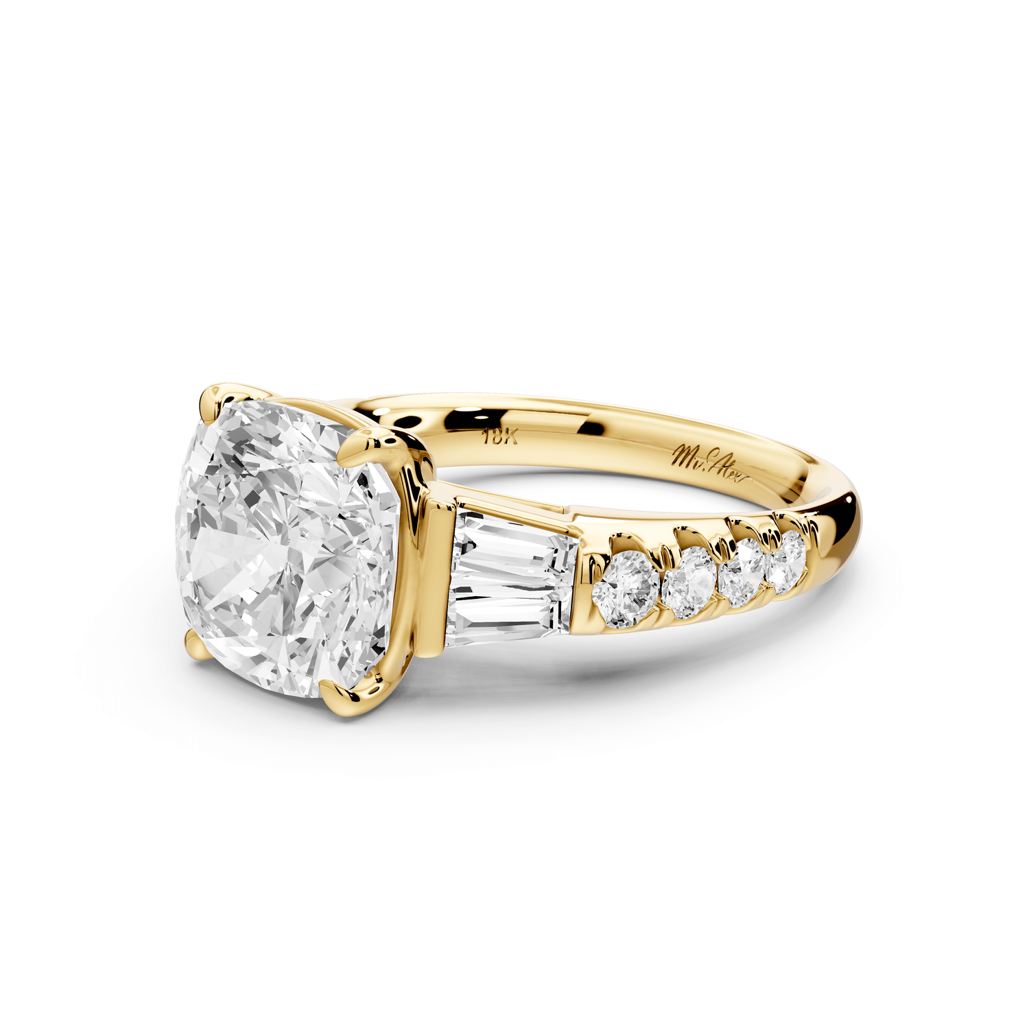 Aria - 4ct 18k yellow gold cushion Diamond with tapered baguettes and round accent stones engagement ring - Mr. Alex Jewelry