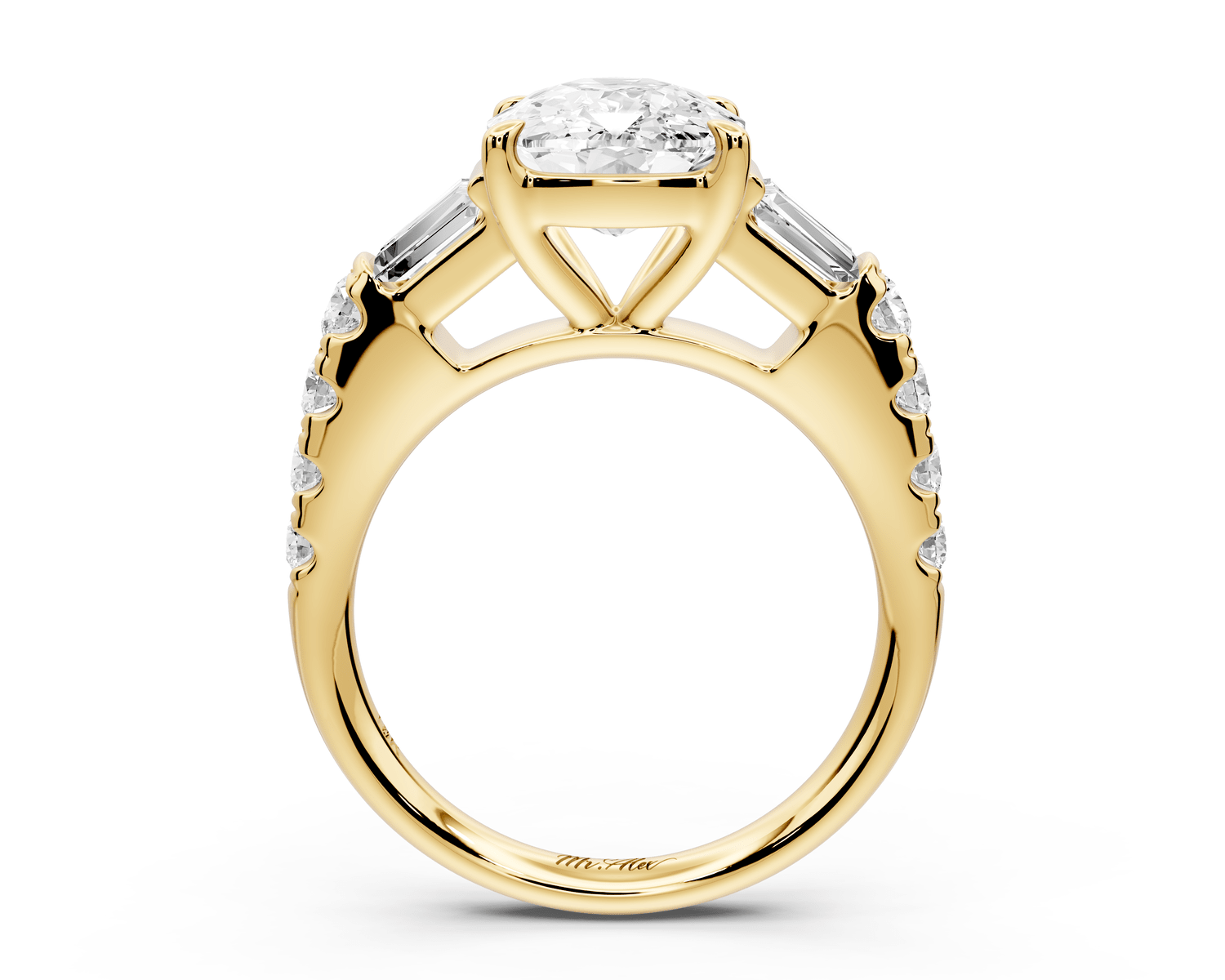 Aria - 4ct 18k yellow gold Elongated Cushion Diamond with tapered baguettes and round accent stones engagement ring - Mr. Alex Jewelry