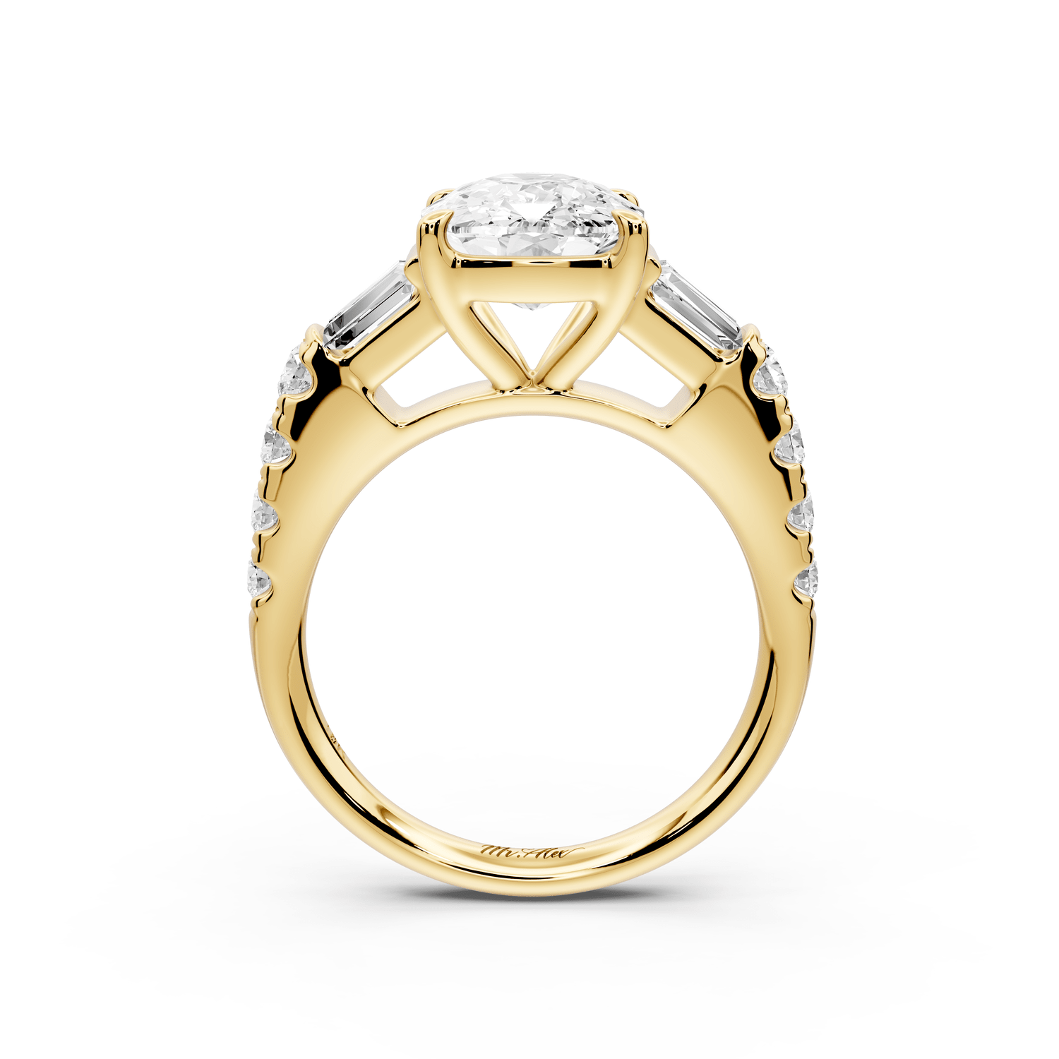 Aria - 4ct 18k yellow gold Elongated Cushion Diamond with tapered baguettes and round accent stones engagement ring - Mr. Alex Jewelry