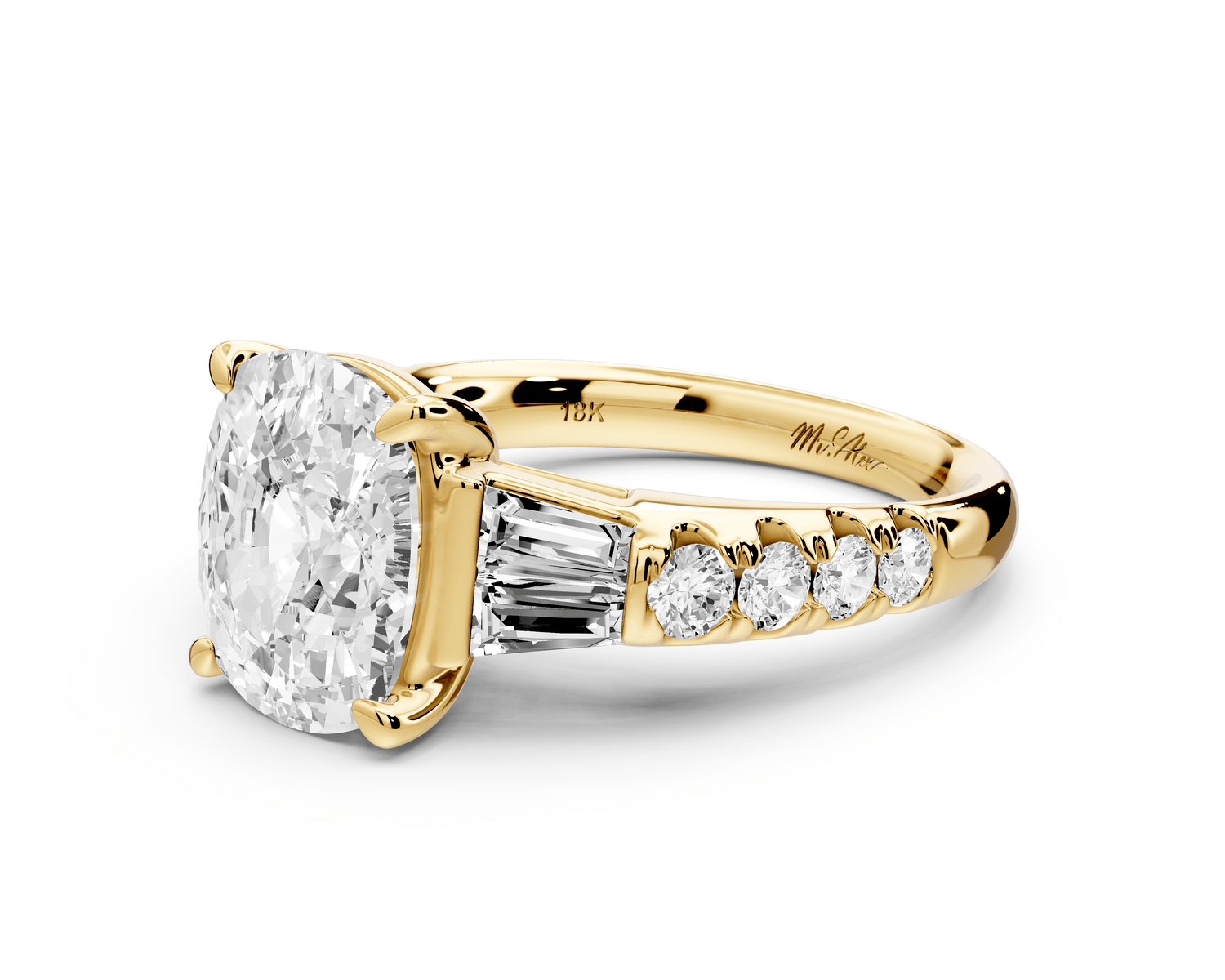 Aria - 4ct 18k yellow gold Elongated Cushion Diamond with tapered baguettes and round accent stones engagement ring - Mr. Alex Jewelry