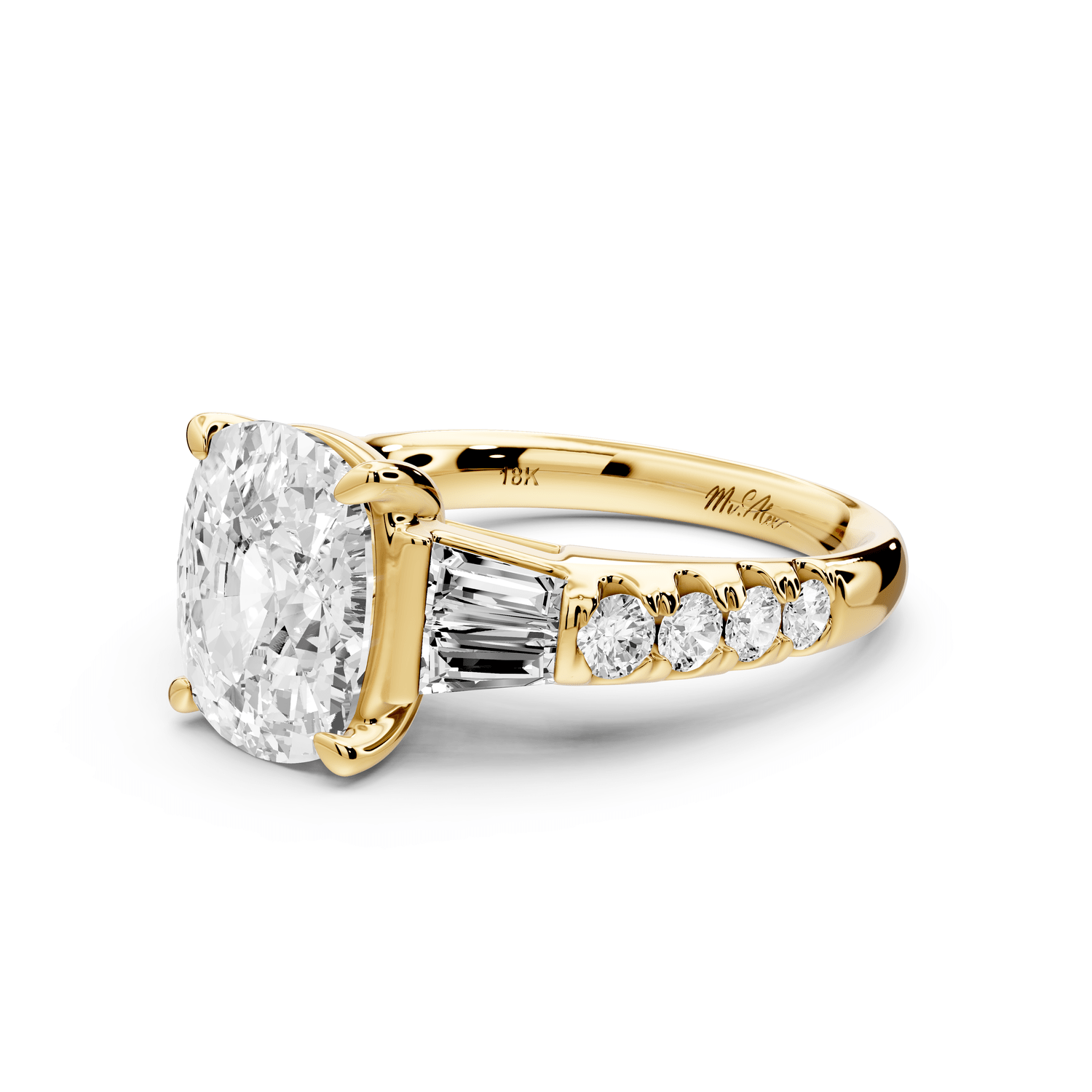 Aria - 4ct 18k yellow gold Elongated Cushion Diamond with tapered baguettes and round accent stones engagement ring - Mr. Alex Jewelry