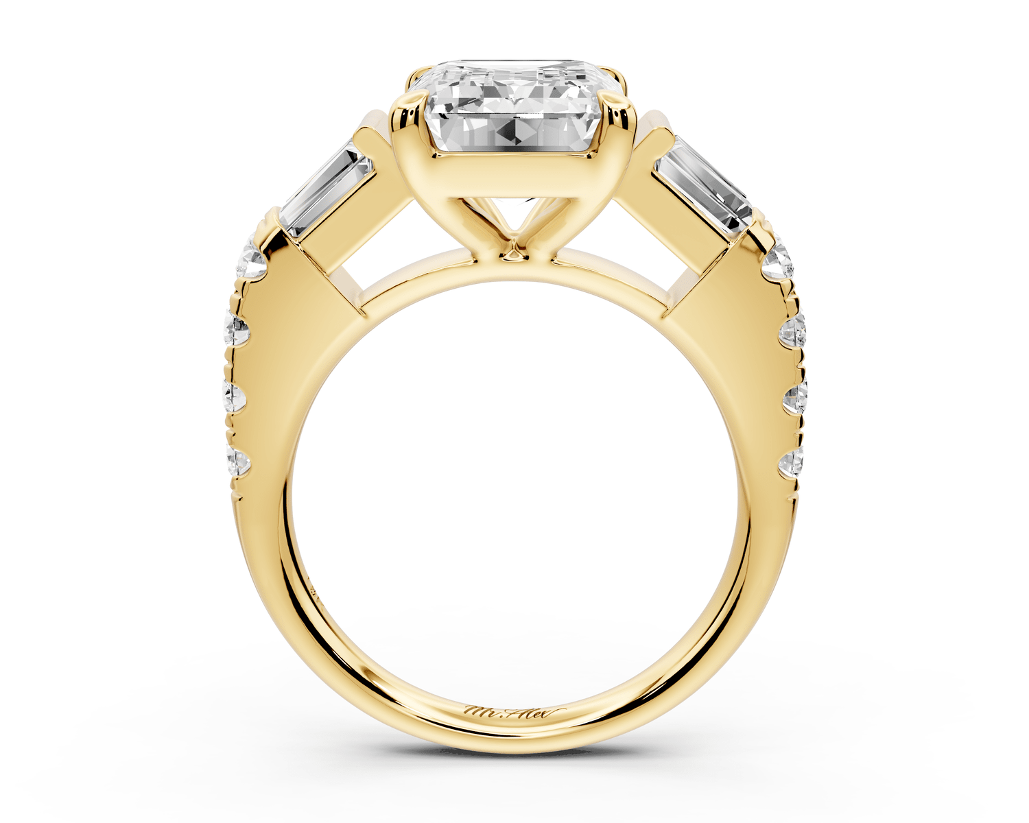 Aria - 4ct 18k yellow gold emerald Diamond with tapered baguettes and round accent stones Engagement ring - Mr. Alex Jewelry