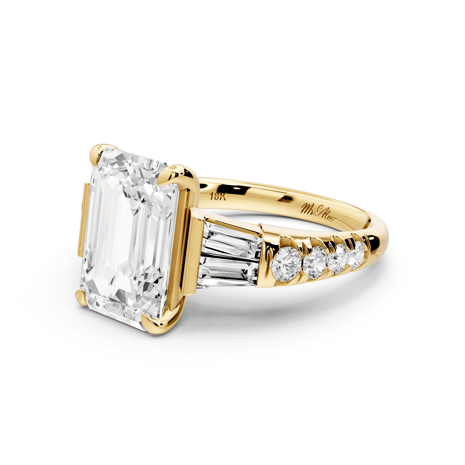 Aria - 4ct 18k yellow gold emerald Diamond with tapered baguettes and round accent stones Engagement ring - Mr. Alex Jewelry