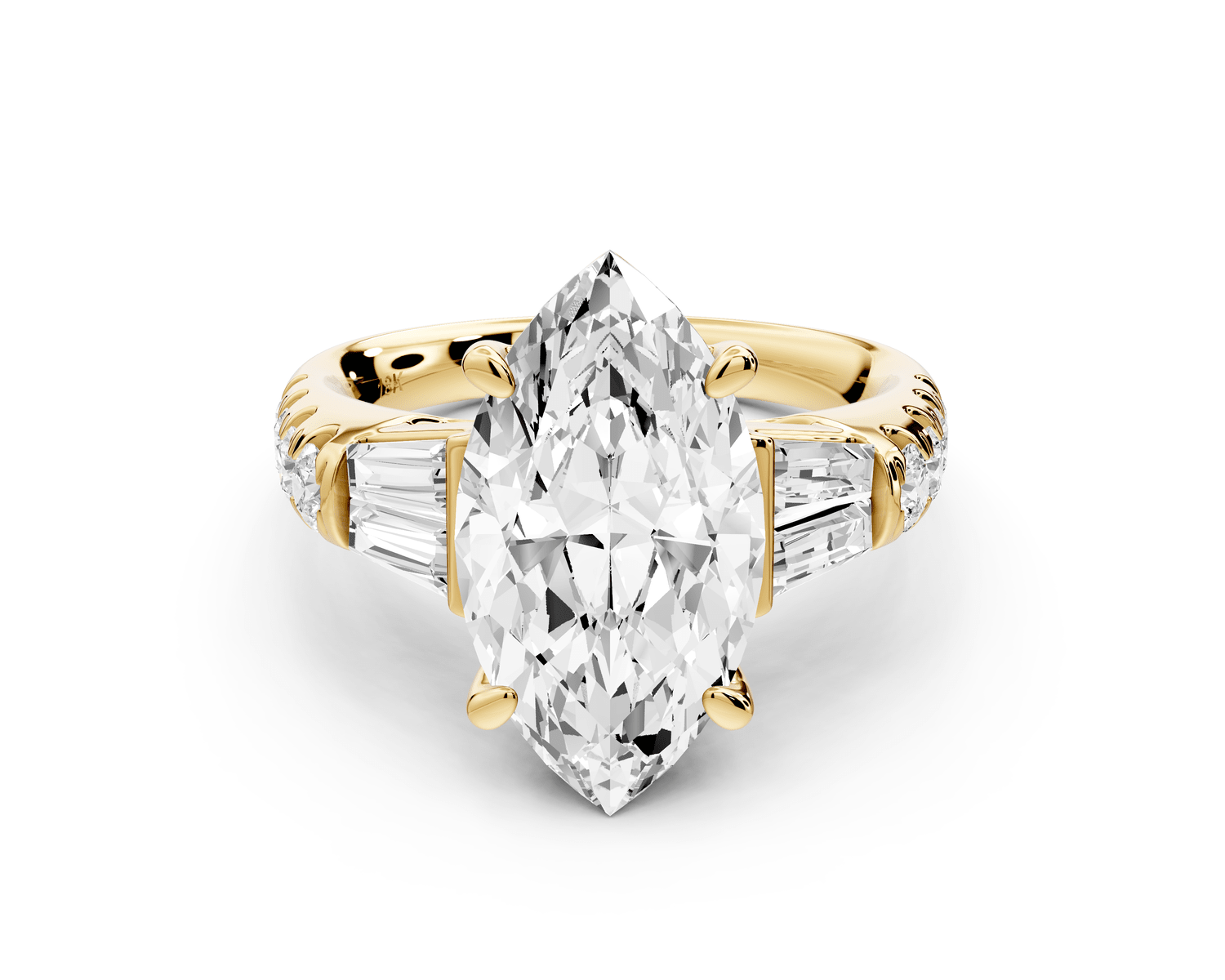 Aria - 4ct 18k yellow gold marquise Diamond with tapered baguettes and round accent stones engagement ring - Mr. Alex Jewelry