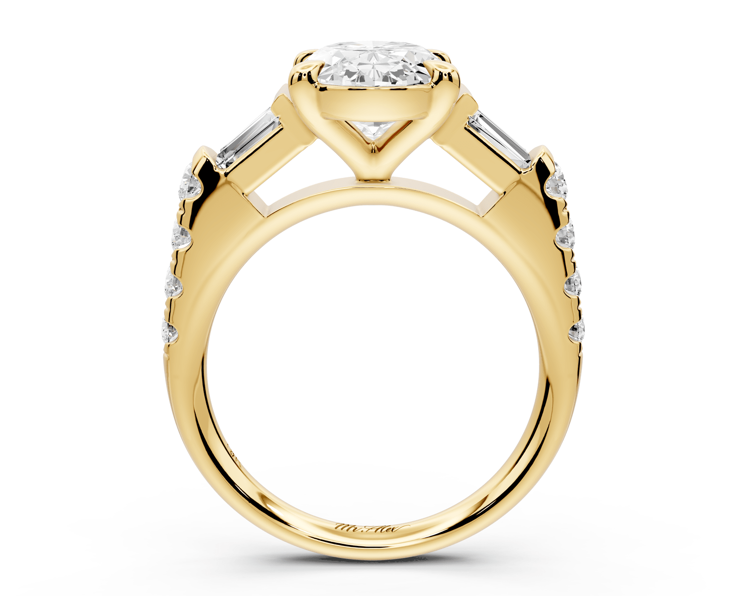 Aria - 4ct 18k yellow gold oval Diamond with tapered baguettes and round accent stones Engagement ring - Mr. Alex Jewelry
