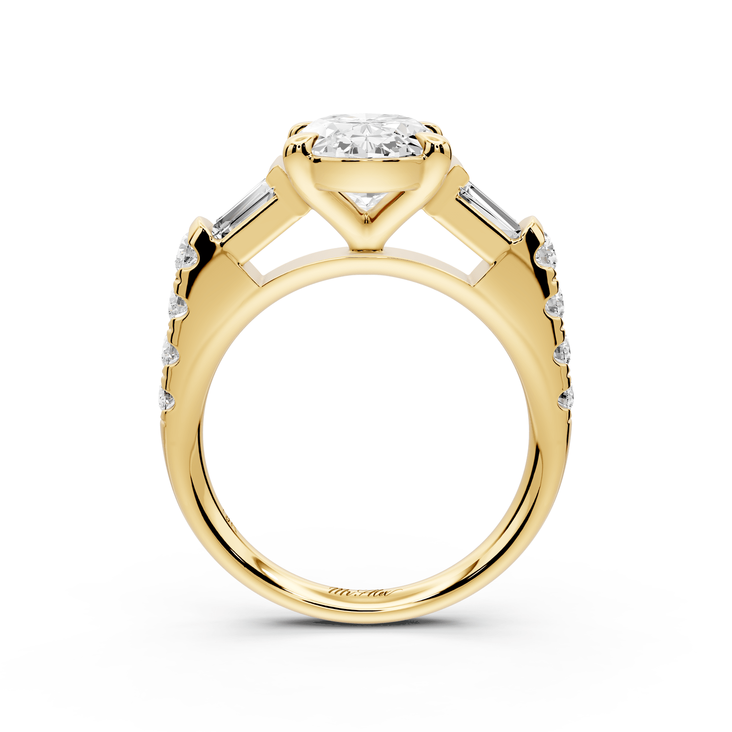 Aria - 4ct 18k yellow gold oval Diamond with tapered baguettes and round accent stones Engagement ring - Mr. Alex Jewelry