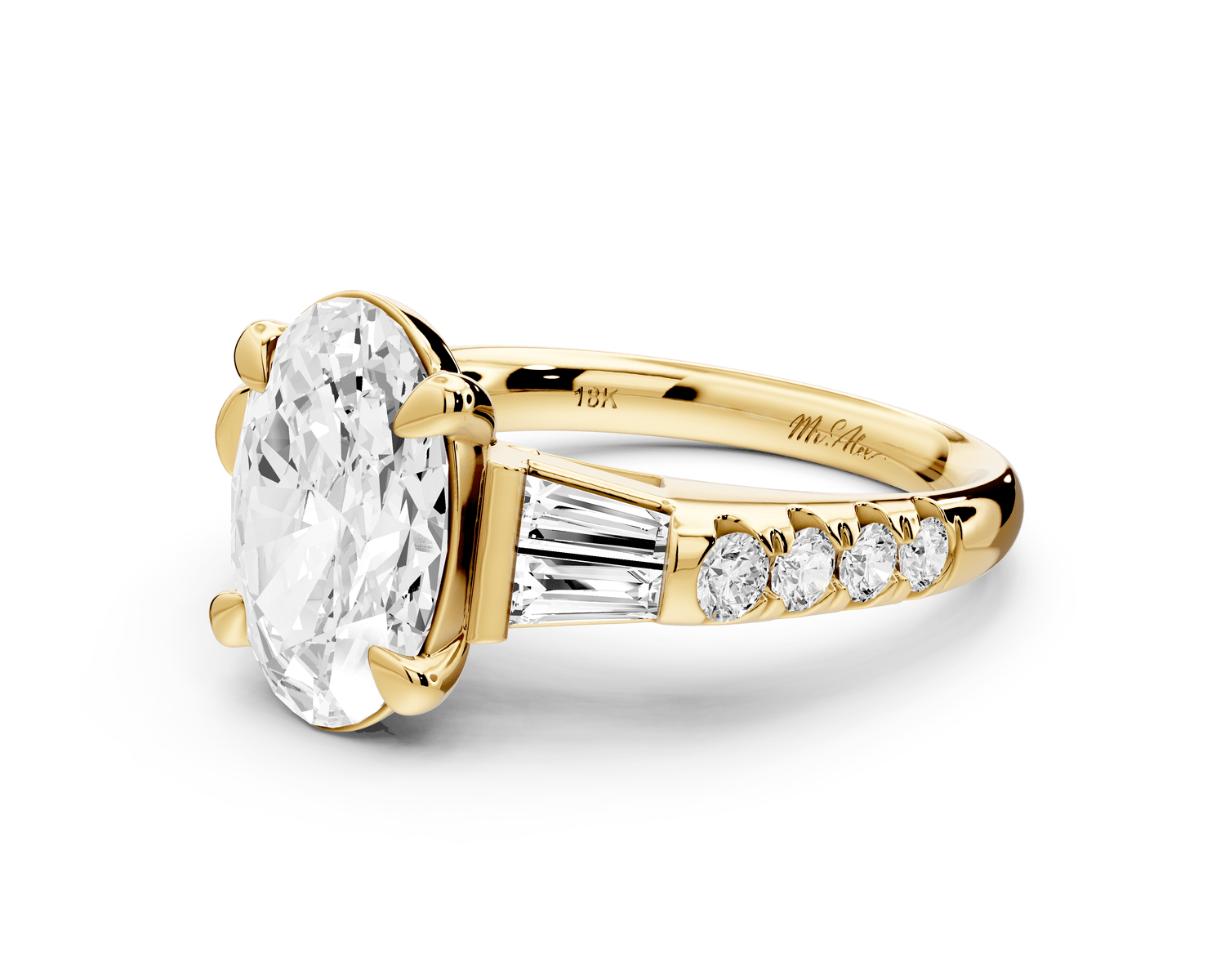 Aria - 4ct 18k yellow gold oval Diamond with tapered baguettes and round accent stones Engagement ring - Mr. Alex Jewelry