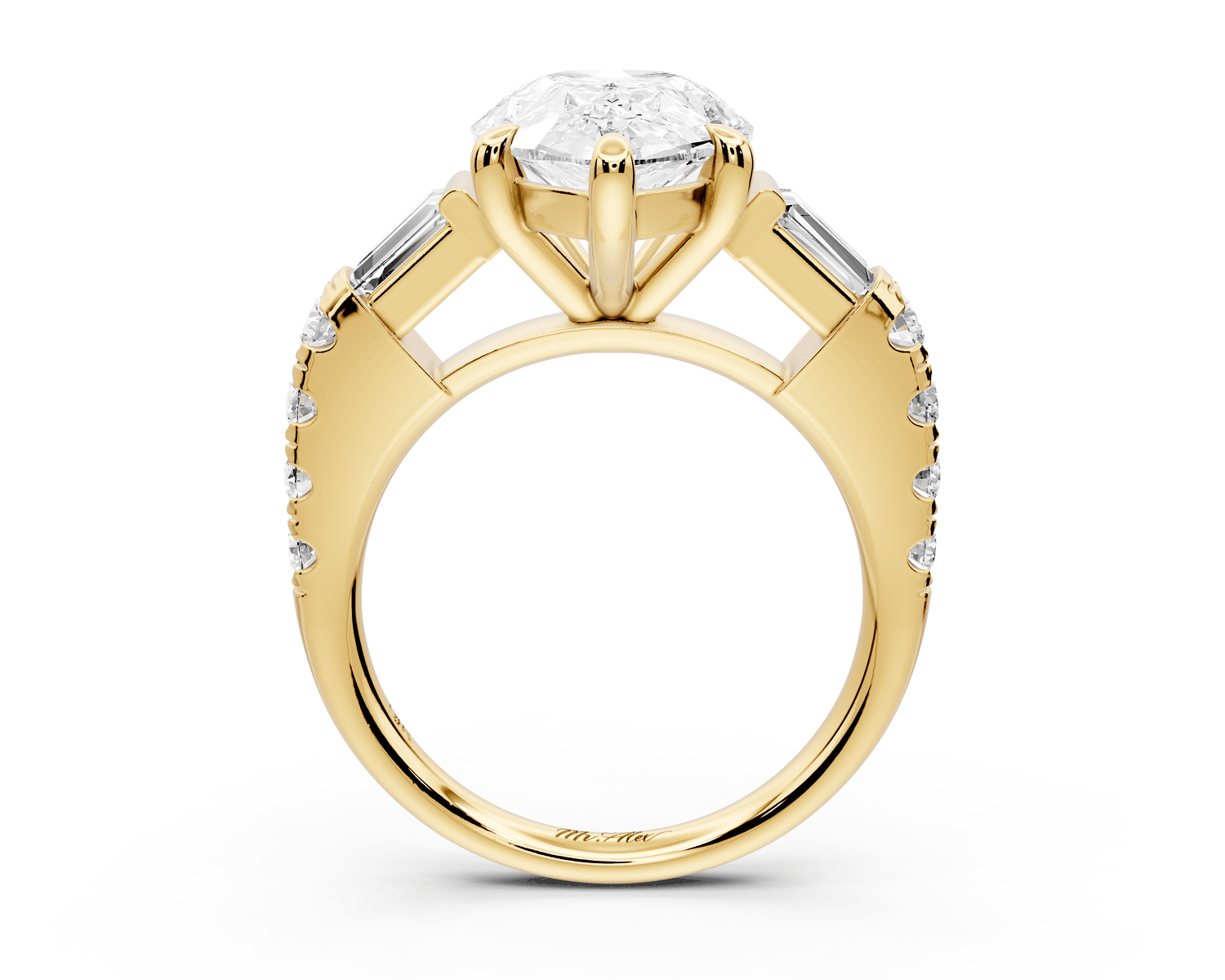 Aria - 4ct 18k yellow gold pear Diamond with tapered baguettes and round accent stones Engagement ring - Mr. Alex Jewelry