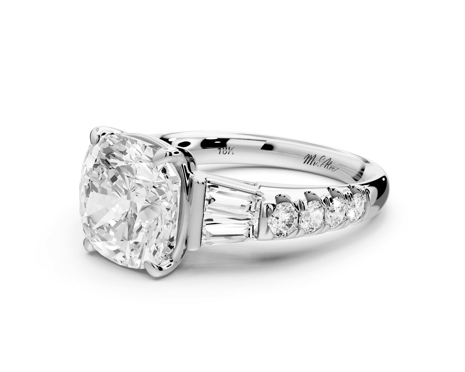 Aria - 4ct platinum cushion Diamond with tapered baguettes and round accent stones engagement ring - Mr. Alex Jewelry